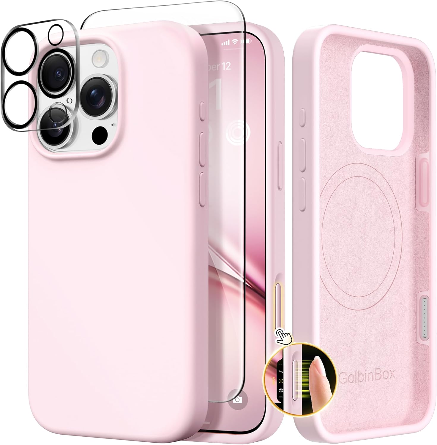 GolbinBox Magnetic for iPhone 16 Pro Case, Compatible with MagSafe, Screen Protector + Camera Lens Protector, Liquid Silicone Shockproof Protective Phone Case for iPhone 16 Pro 6.3", Chalk Pink