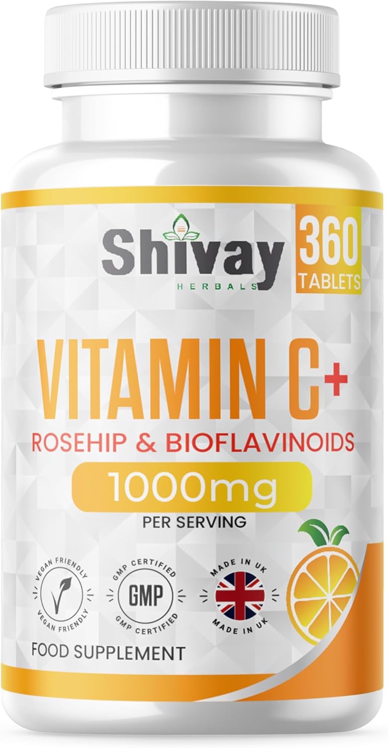 Vitamin C 1000mg per Serving | 360 Vegan Tablets - 6 Month Supply | Vitamin C with Rosehip and Bioflavonoids | High Strength Immune System and Energy Supplement | Made in The UK by Shivay Herbals
