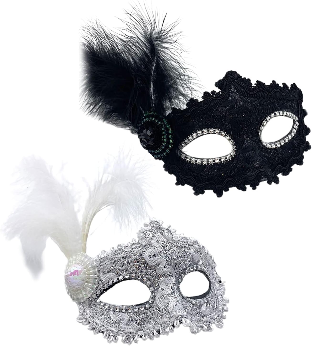 TSHAOUN 2 Pieces Masquerade Mask with Feather, Women Venetian Mask Halloween Party Cosplay Mardi Gras Mask Carnival Eye Mask for Fancy Dress Lace Mask Costume Party