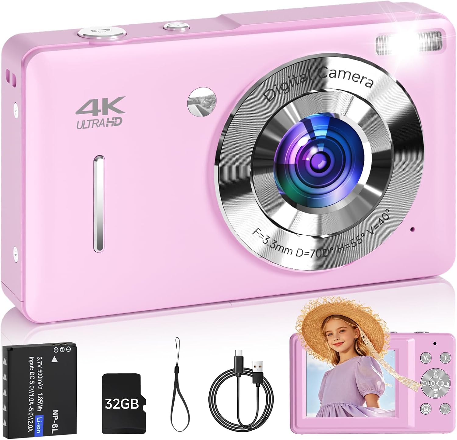 Digital Camera, FHD 1080P 44MP Point and Shoot Digital Camera with Face Detect, Smile Capture, 16X Zoom, 20 Filters, Anti Shake, 32GB SD Card Purple Compact Vintage Camera for Kids Boys Girls Teens