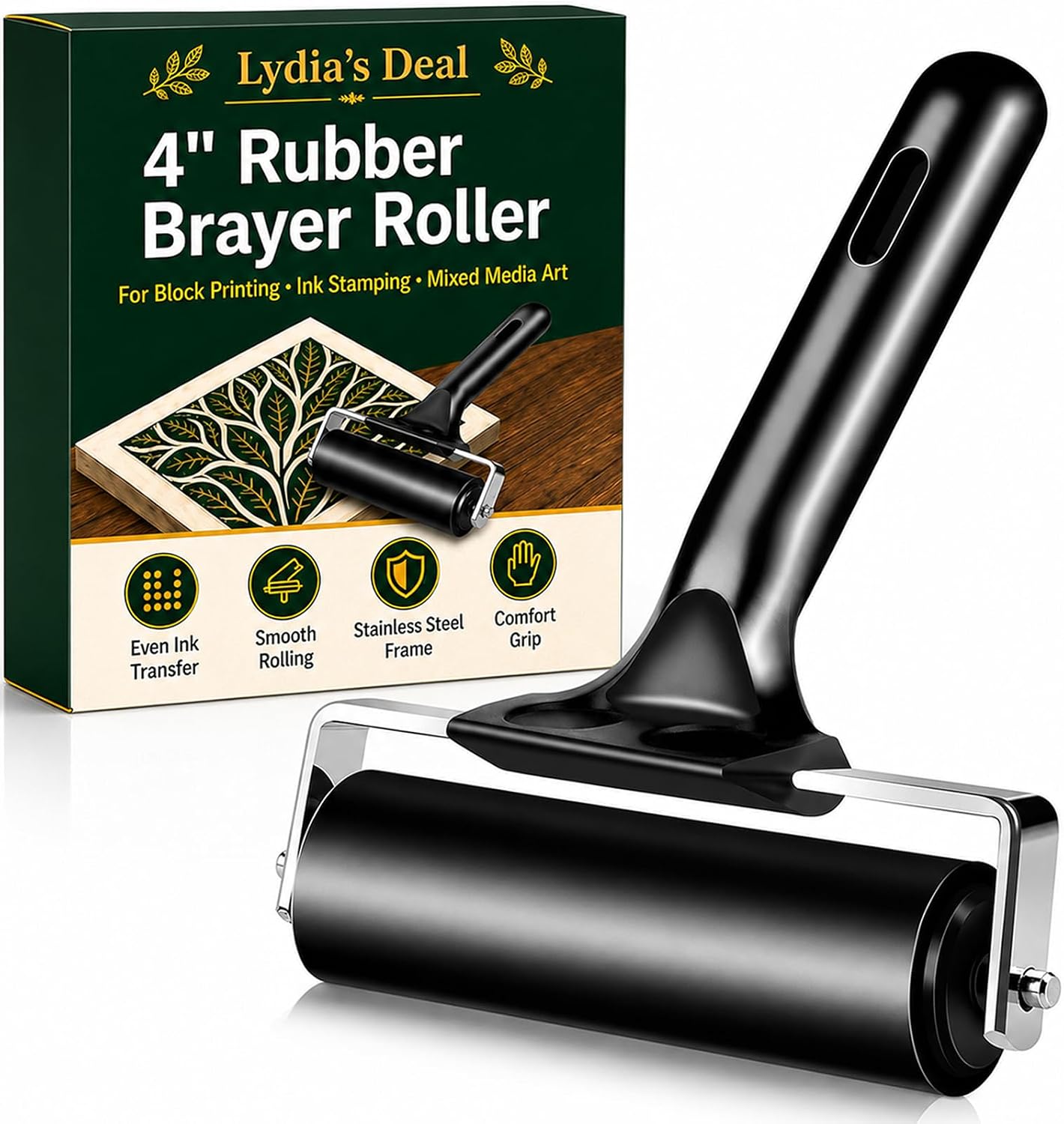 Rubber Brayer Roller, 4 Inch Block Printing Tool for Crafts, Art & Stamping