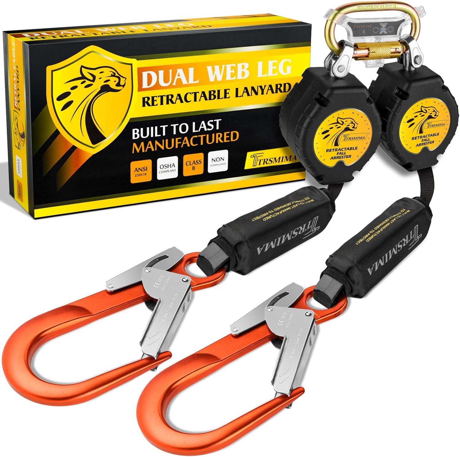 TRSMIMA Fall Protection Retractable Lanyard - 6FT Twin Leg Self Retracting Lanyard Tangle-Free Webbing Shock Absorber Dual Aluminum Pelican Rebar Hook Aluminum Carabiner OSHA ANSI