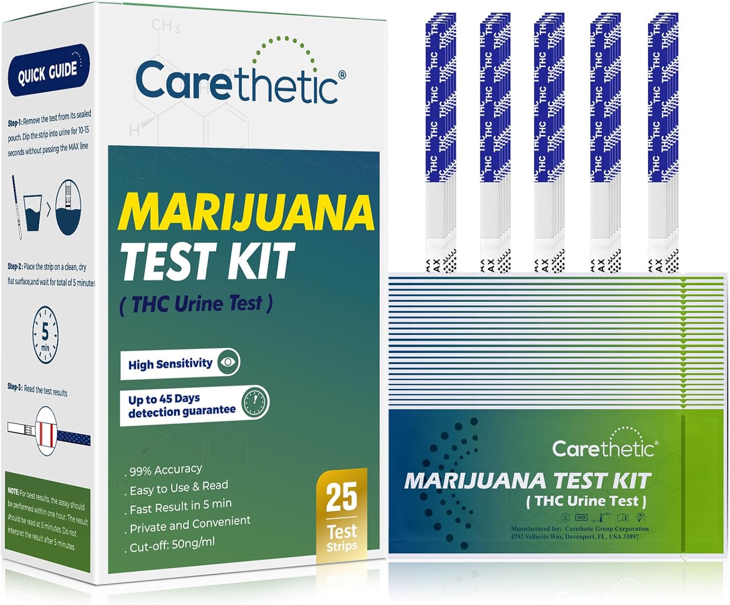 Carethetic THC Drug Test Kit - Marijuana Urine Test Strips, Highly Sensitive, FDA Cleared, 25 Pack - Instant Results