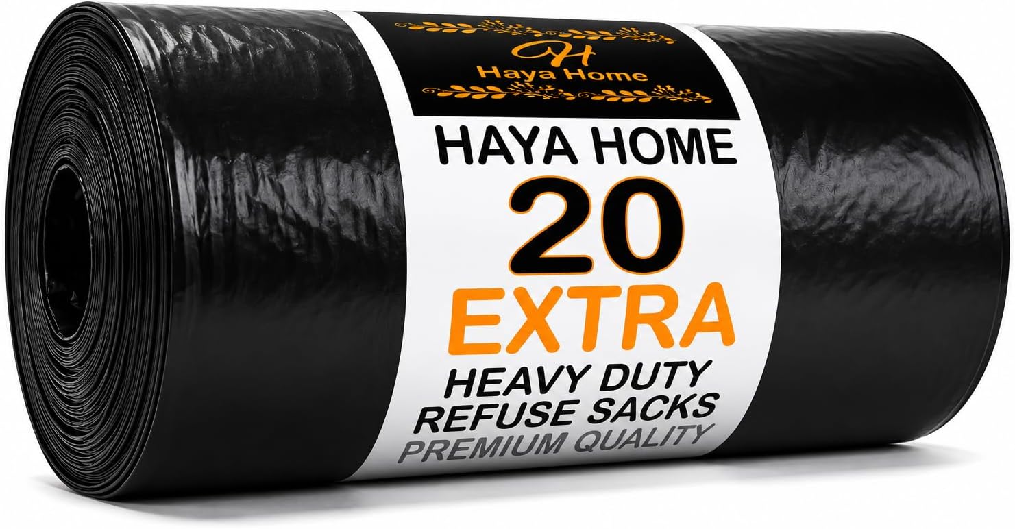 Haya Home 20 EXTRA LARGE Heavy Duty Bin Bags 100L Black Plastic Bin Liners 45 μm Refuse Sacks Thick Strong Heavy Duty Waste Dustbin Bags for Kitchen Home Office DIY Garden Use 100% Recycled Material