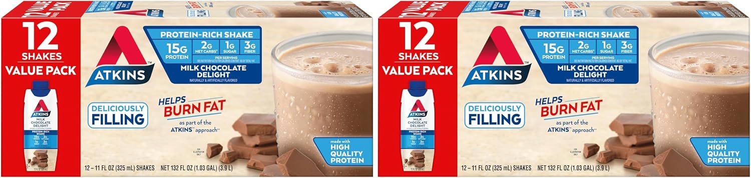 Atkins Milk Chocolate Delight Protein Shake, 15g Protein, Low Glycemic, 2g Net Carb, 1g Sugar, Keto Friendly, 12 Count (Pack of 2)