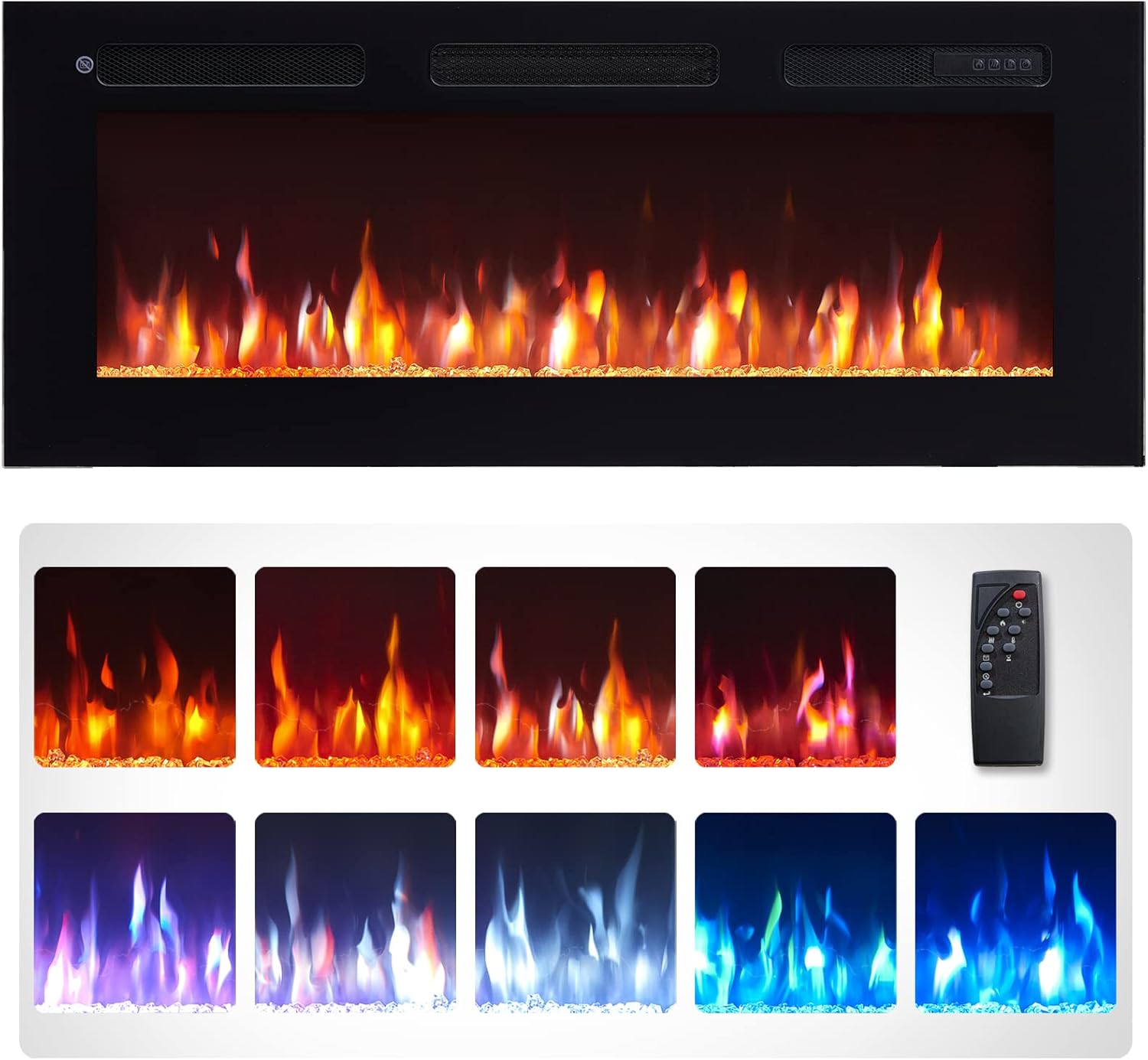 Wilton 40"/102cm Electric Fireplace, Wall Mounted, Recessed, 9 Colour Flame Effect, Media Wall Compatible, 900W - 1800W Heater, Remote Control