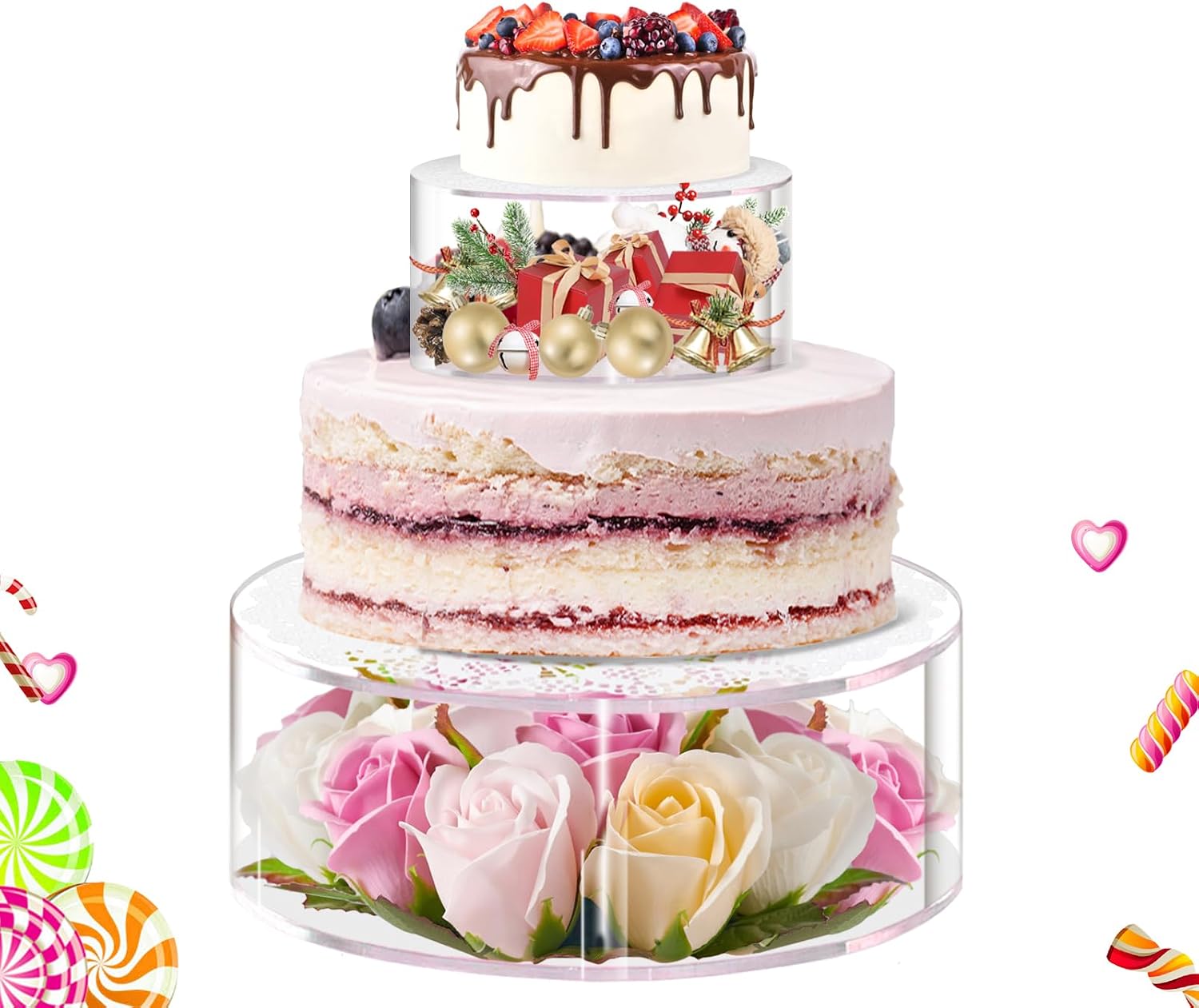 2PCS Acrylic Fillable Cake Stand, Round Cylinder Display Riser Display Box, Decorative Centerpiece for Wedding Birthday Party Display 6 Inch, 10 Inch