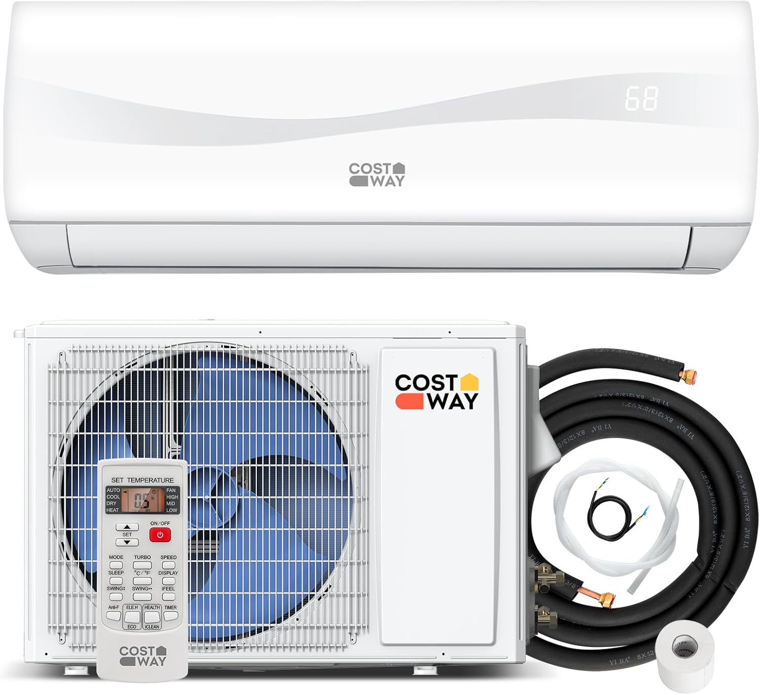 COSTWAY 12000BTU Mini Split Air Conditioner& Heater, 20 SEER2 115V Wall-Mounted Ductless AC Unit Cools Rooms up to 750 Sq. Ft, Energy Efficient Inverter AC with Heat Pump (Blast Series)