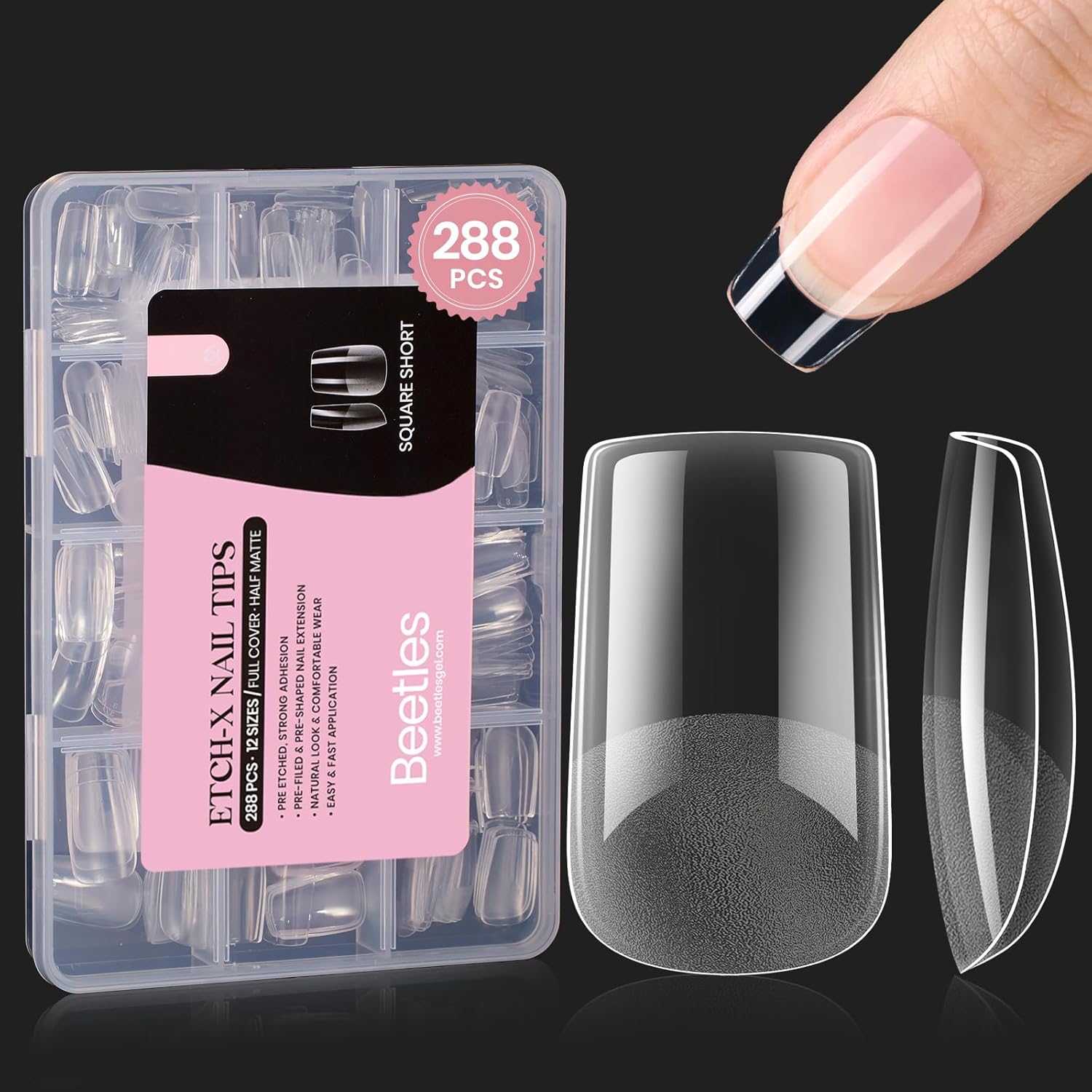 Beetles Short Square Gel Nail Tips 12 Sizes 288 PCS Half Matte Full Cover False Nails Clear Acrylic Nails Glue on Nails for Girls Women DIY Nail Extension