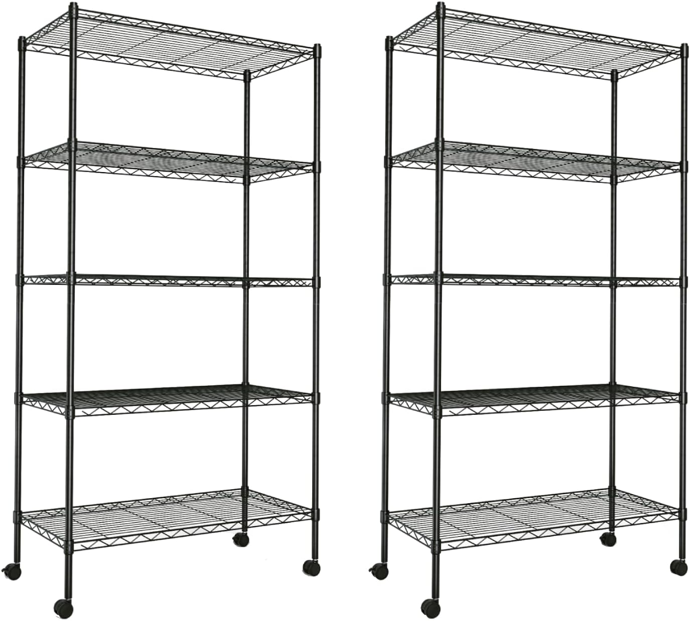 YSSOA Heavy Duty 5-Shelf Storage Shelving Unit, 1250lbs Loading Capacity, 29.92" D x 13.98" W x 62.99" H Adjustable Steel Organizer Wire Rack, Black, 2 Pack