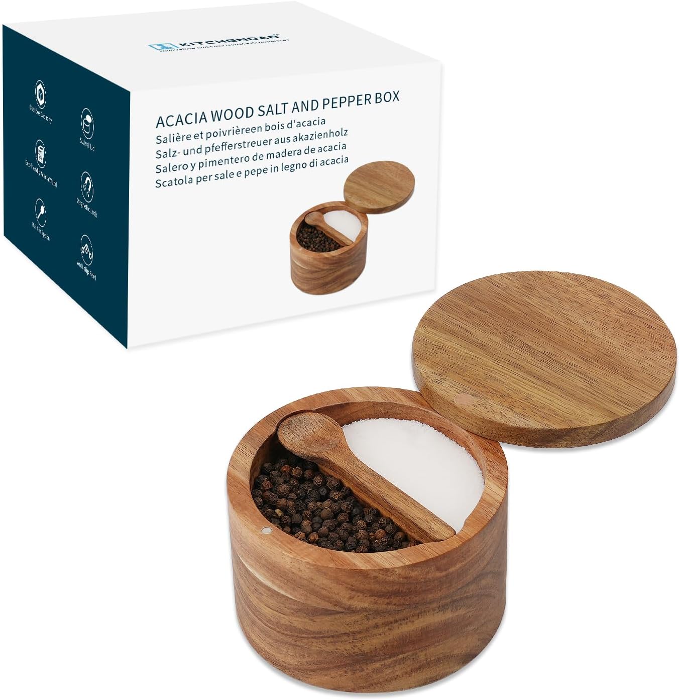 KITCHENDAO Acacia Wood Salt and Pepper Bowl Box,Built-in Spoon,Two Compartments Spice Seasoning Container,Sea Salt Cellar Holder,Built-in Spoon,Magnetic Swivel Lid,Dual 5oz Capacity
