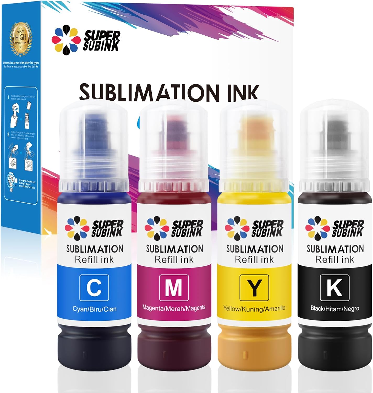Sublimation Ink for Epson 2800 ET2803 ET2850 ET2720 ET2760 ET4800 ET15000 Heat Press Transfer Ink (Auto-Fill Anti-UV ICC-Free)
