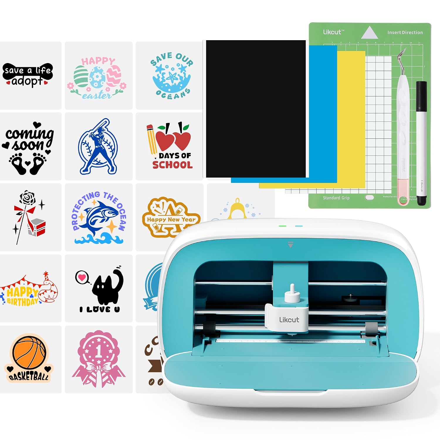 Likcut Glee S501 Vinyl Cutter Machine, Portable Sticker Printer with Built-in Storage, Smart Cutting Machine with Beginner Vinyl Bundle, Compact Design for Home Craft Projects, DIY Home Decor, Blue