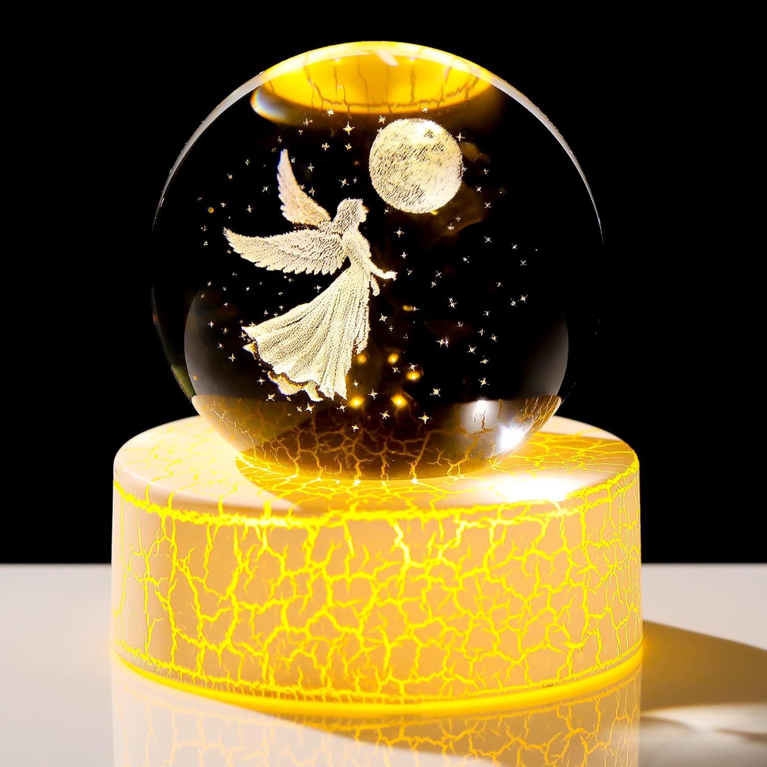 Movdyka Crystal 3D Guardian Angel 2.36in Ball Figurine Gifts for Women Daughter Collectible Cherub Sphere with Warm Light Base for Friends Family on Birthday Presents Home Ornaments