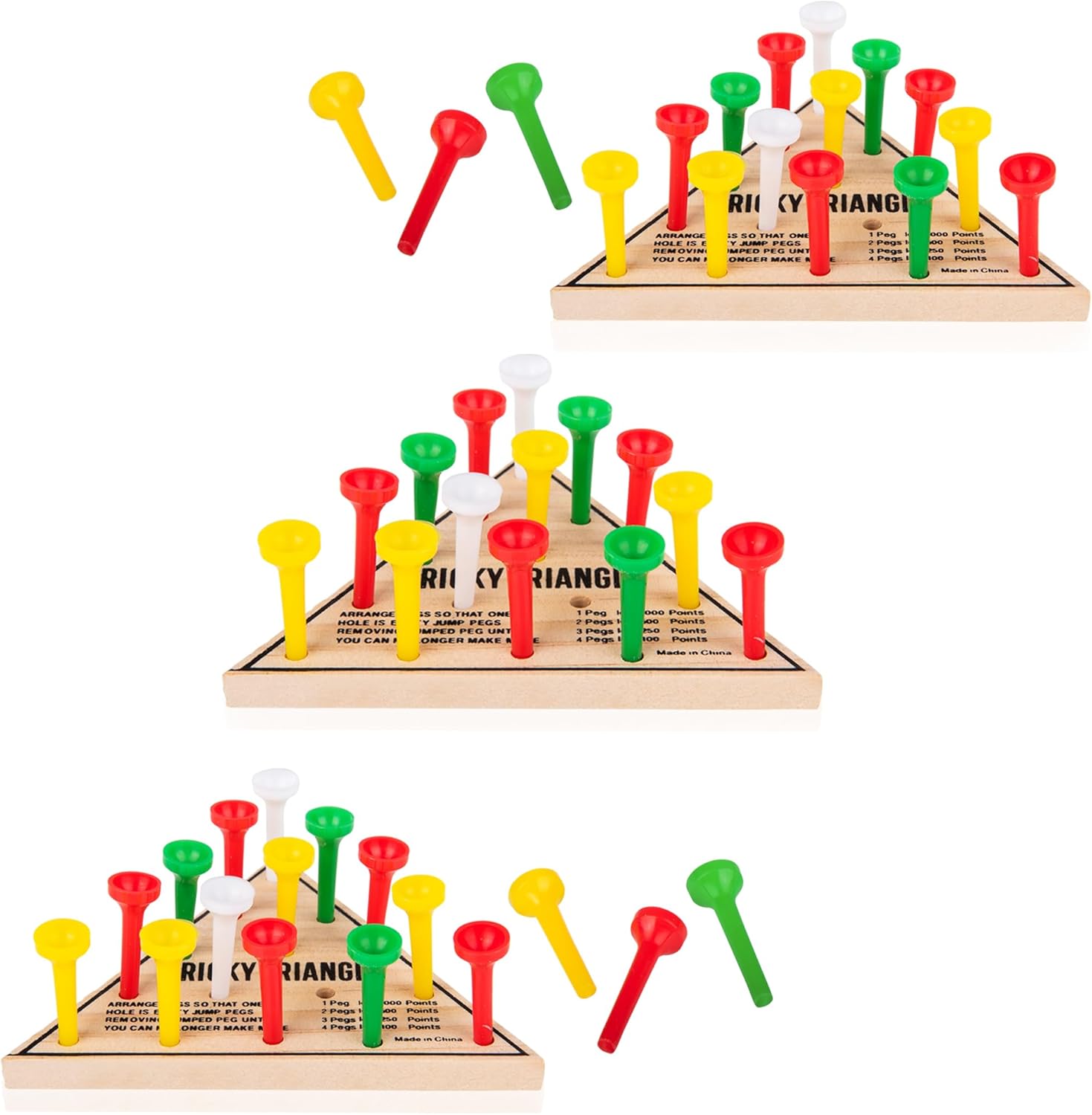 3 Pack - Wooden Triangle Peg Board Game - Retro Mini Travel Game