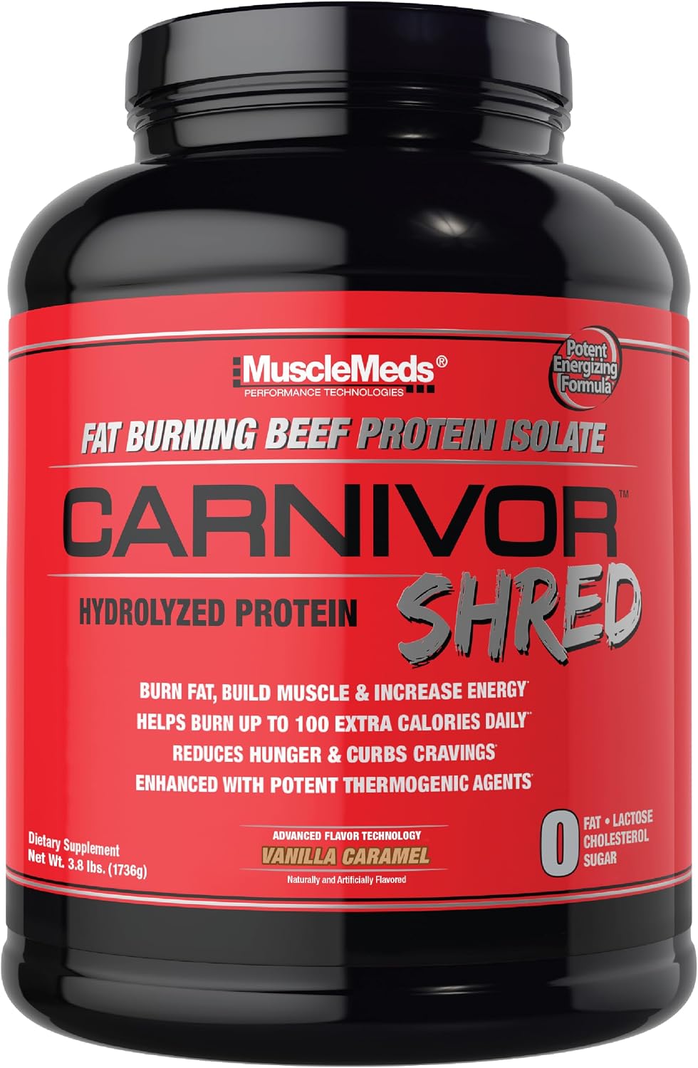 MuscleMeds Carnivor Shred Fat Burning Hydrolized Beef Protein Isolate, 0 Lactose, 0 Sugar, 0 Fat, Halal Certified, Vanilla Caramel, 4 Pound, 56 Servings