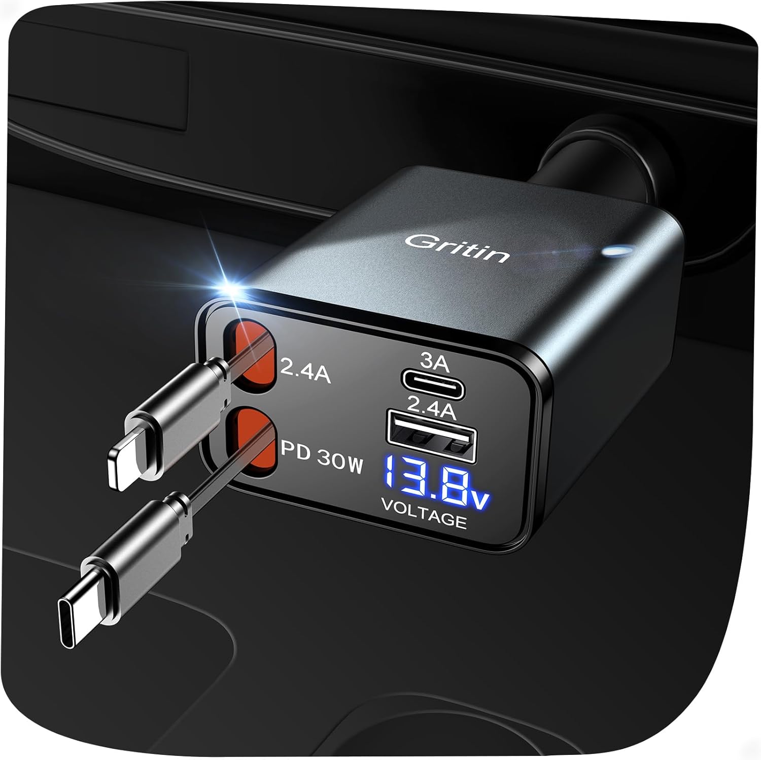 Gritin Retractable Car Charger, 69W Super Fast 4 in 1 USB C Car Charger Adapter with Smart Device-Adaptive Charging Technology&Instant Voltage Display, Accessories for iPhone 16 15,iPad,Android etc