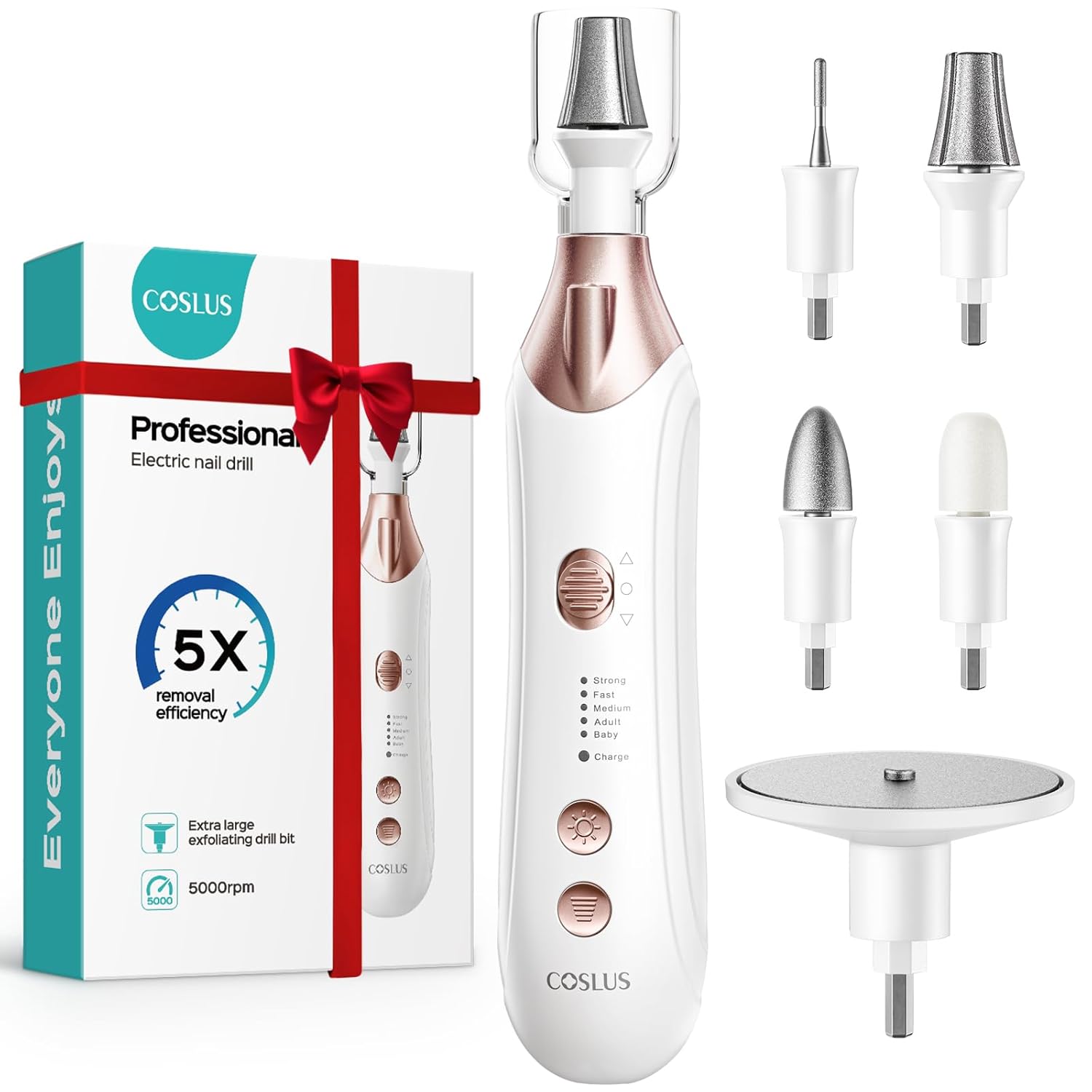 COSLUS Professional Manicure Pedicure Kit, 5-in-1 Electric Nail File for Toenail Hand Feet Care - Wider Grinder for Thick Nails, Cordless, 5 Speed, for Men Women Seniors Home Salon, White, C43(END10)