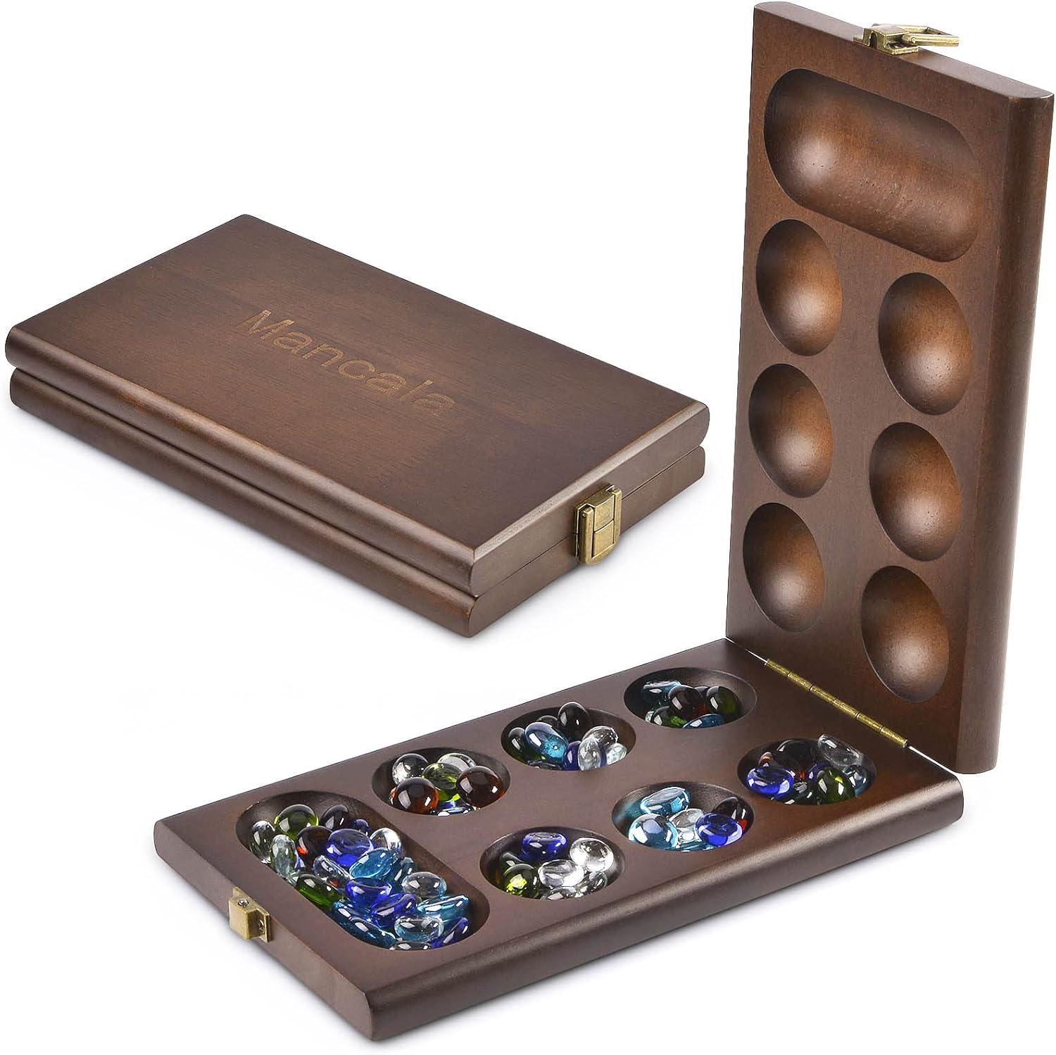 AMEROUS Wooden Mancala Board Game Set with 72+8 Bonus Multi Color Glass Stones - Folding Board - Mancala Instructions, Classic Family Board Game for Kids Adults, Tabletop Version