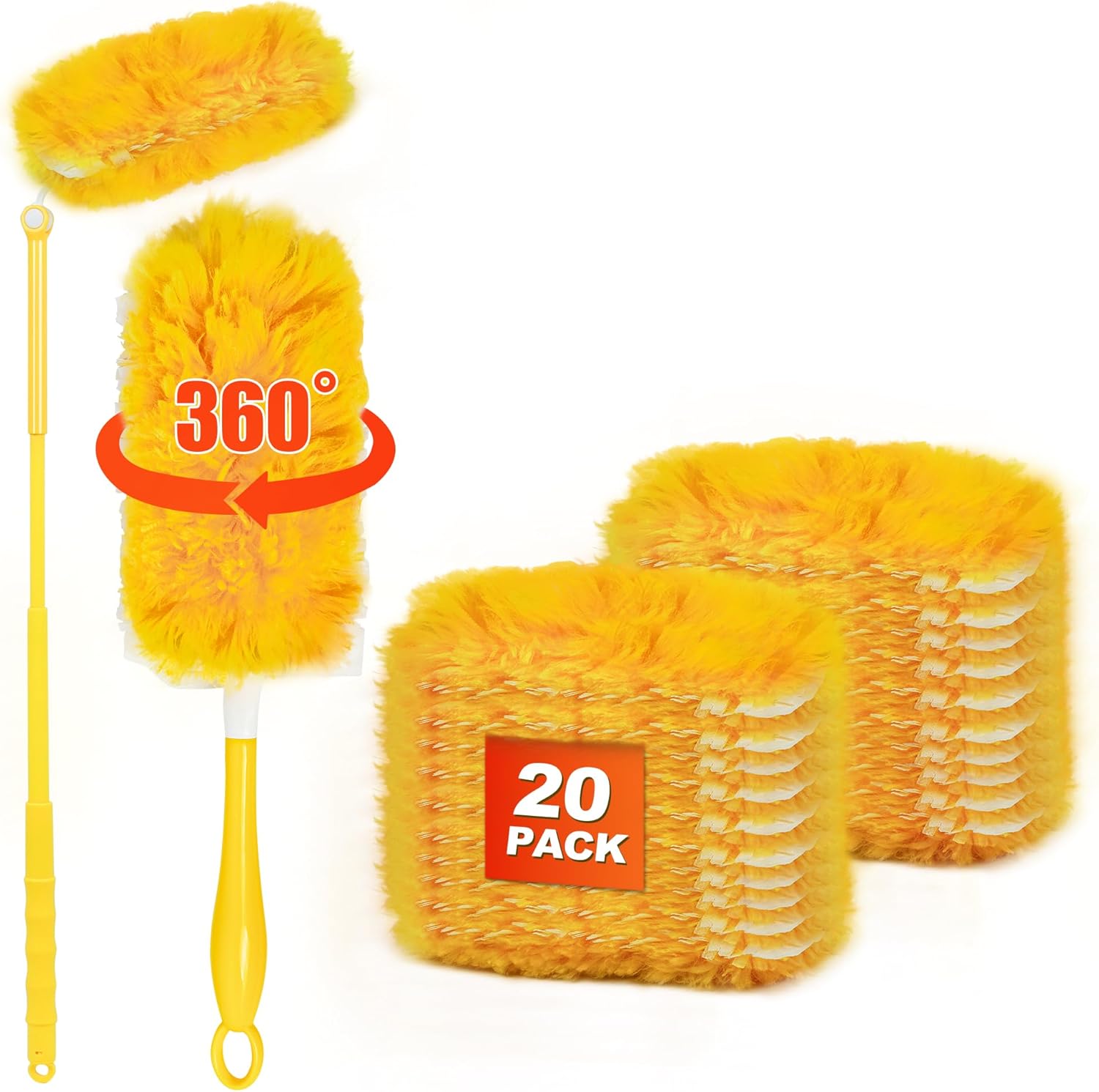 JEHONN Duster Refills for Swiffer 20 Counts, 360 Degree Heavy Duty Dusting Kit with 1 Extendable Handle + 1 Short Handle, Multi-Surface Dust Cleaning Tool for Blinds Bookshelf Furniture Electronics