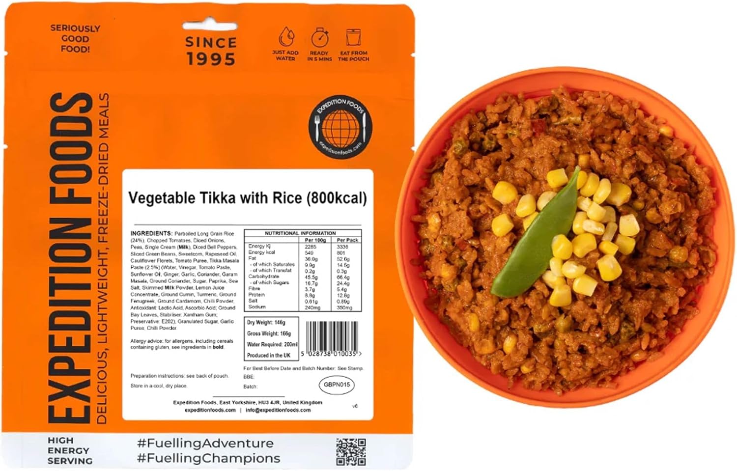 EXPEDITION FOODS Vegetable Tikka with Rice (High Energy Serving / 800KCAL) | Freeze-Dried Camping & Hiking Food