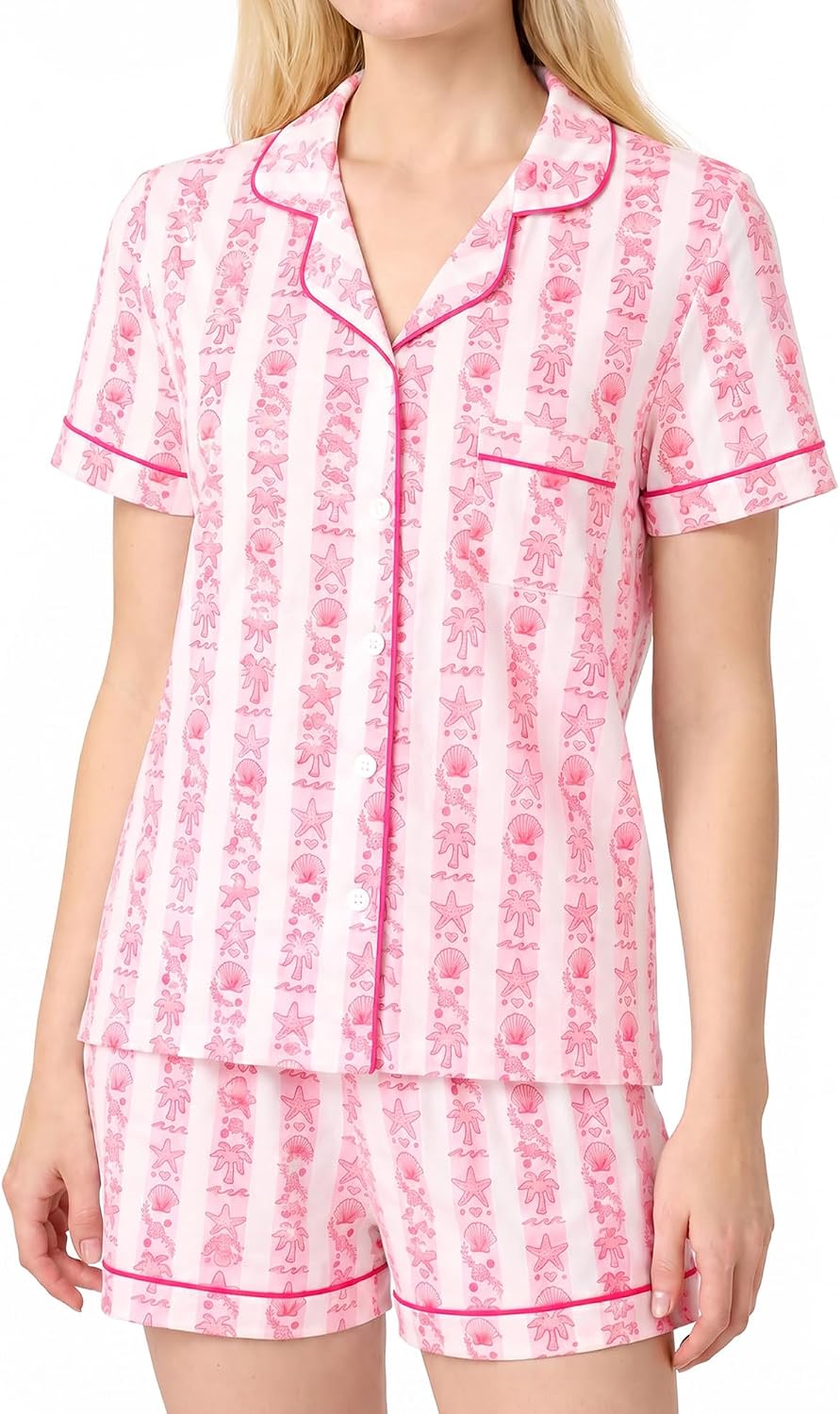 Pajamas for Womens Set Summer 2 Pece Pjs Matching Shorts Set Loungewear Palm Sleepwear for Beach Vacation, Holiday