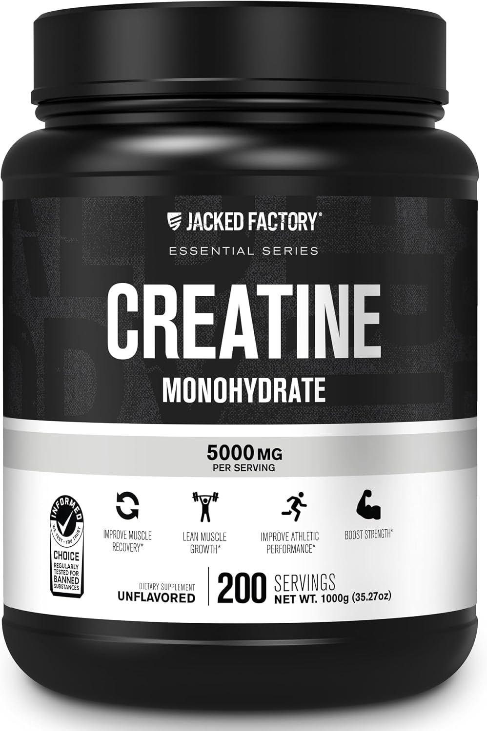 Jacked Factory Creatine Monohydrate Powder 1000g - Creatine Supplement for Muscle Growth, Increased Strength, Enhanced Energy Output and Improved Athletic Performance 200 Servings, Unflavored