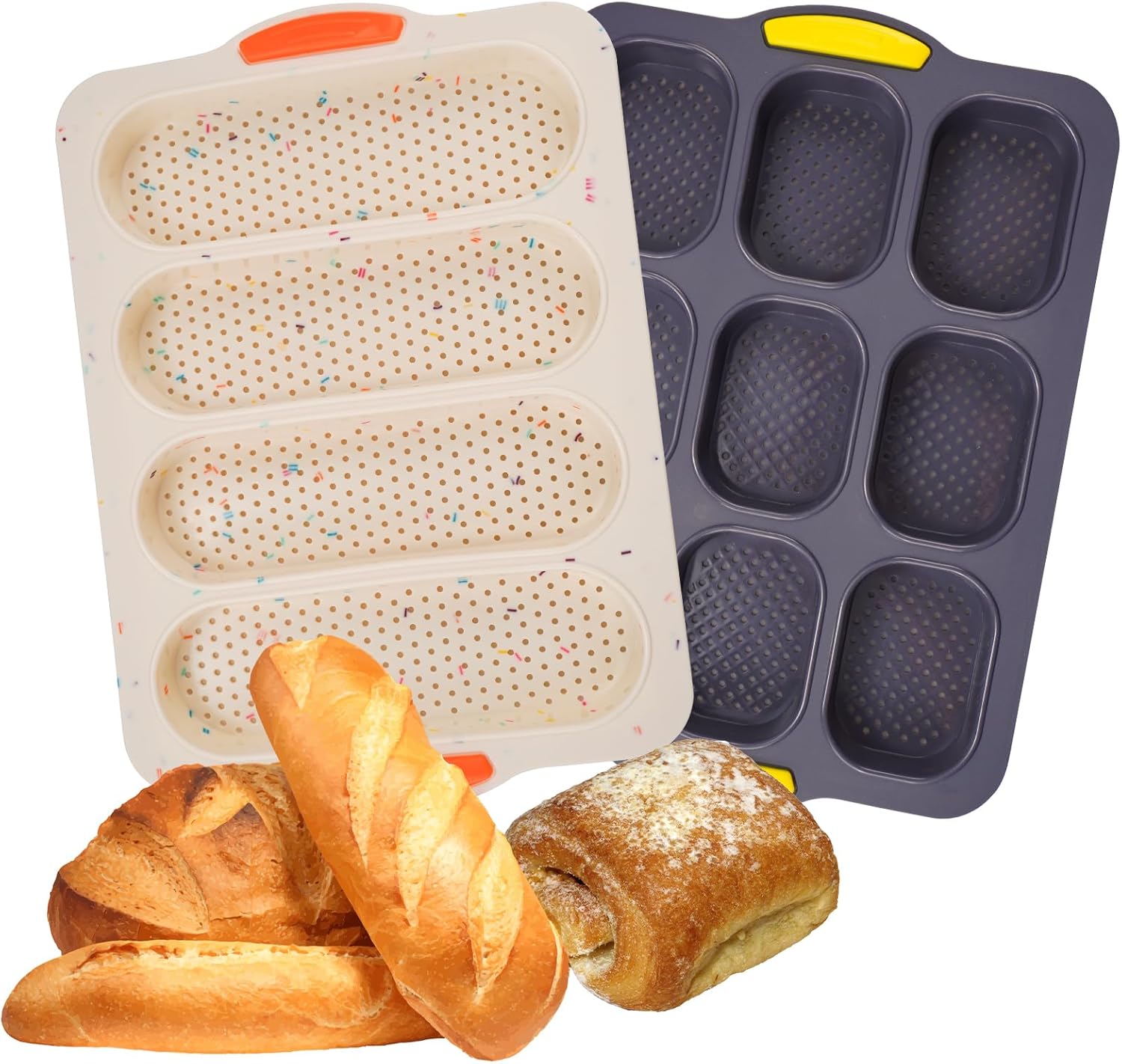 Dynaeuty 2PCS Silicone Baguette Pan, 13"x8.8" Nonstick French Bread Bake Mold, 9 Gutter Perforated Ham Burger Buns Sandwich Rolls Pans, 4 Wave Long Loaf Toast Mold Baking Tray for Oven Baker - (A)