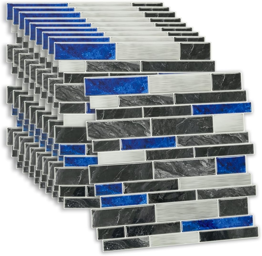 Tile Stickers Blue 30.5x30.5cm 10pcs, Self Adhesive Wall Tiles Marble, Peel and Stick Wall Waterproof, Removable Stick on for Kitchen Backsplash