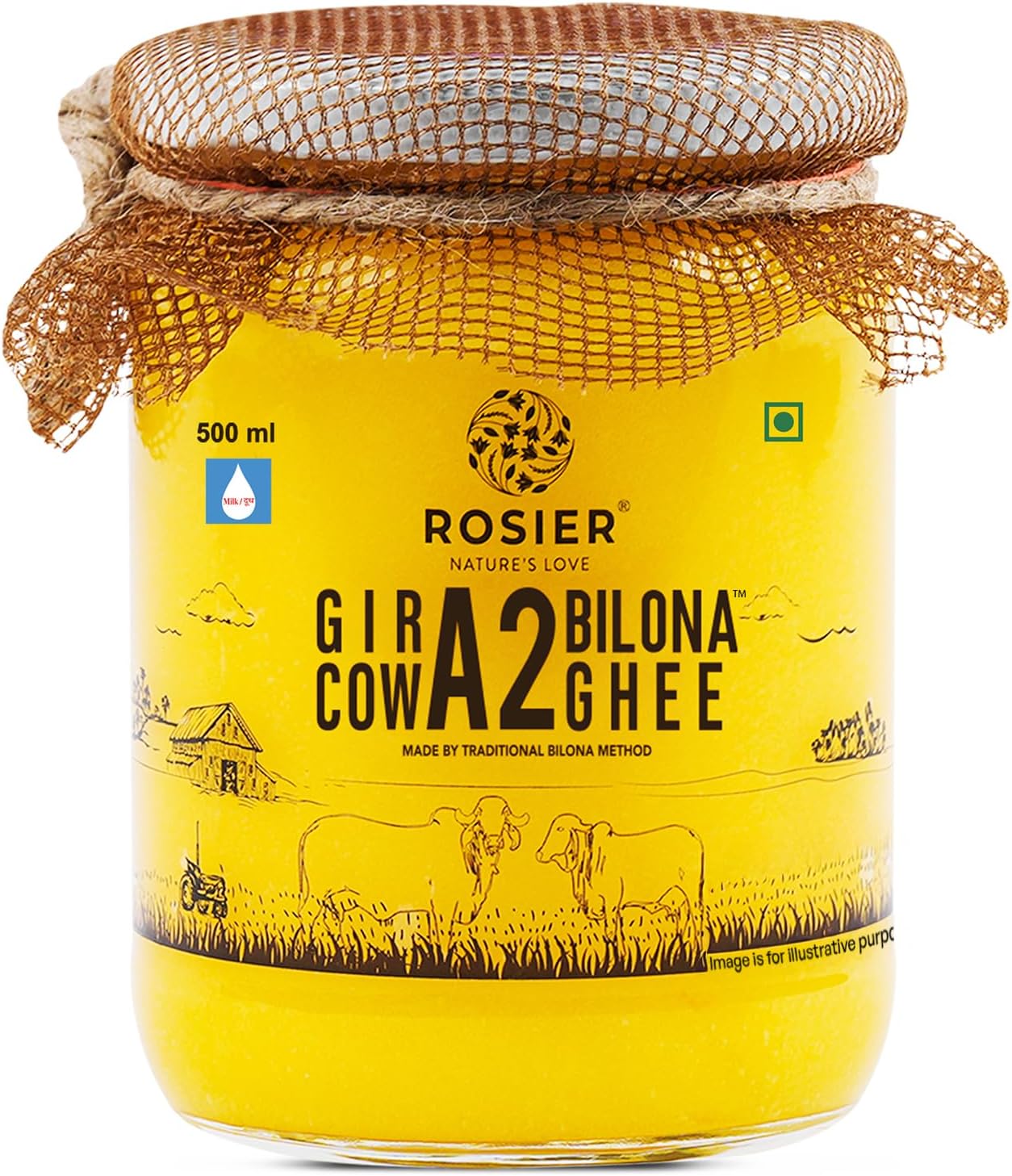 ROSIER A2 Gir Cow Ghee (500ml) | Traditional Bilona Method A2 Ghee | Grass-fed, Pure and Healthy Desi Cow Ghee (Glass Bottle - 500ml)