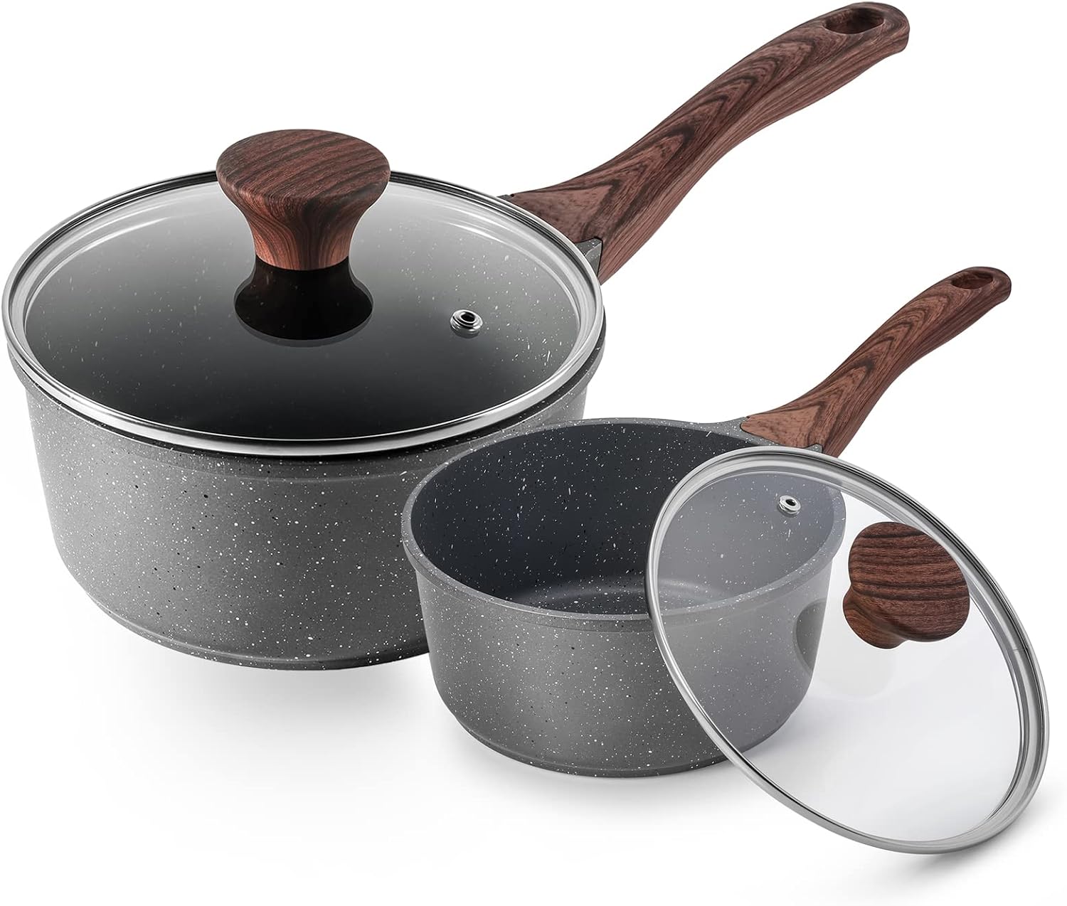 SENSARTE Nonstick Sauce Pan Set with Lid, 1.5QT + 2.5QT Saucepan with Handle Swiss Granite Coated, Stay-cool Handle, Induction Compatible, PFOA Free
