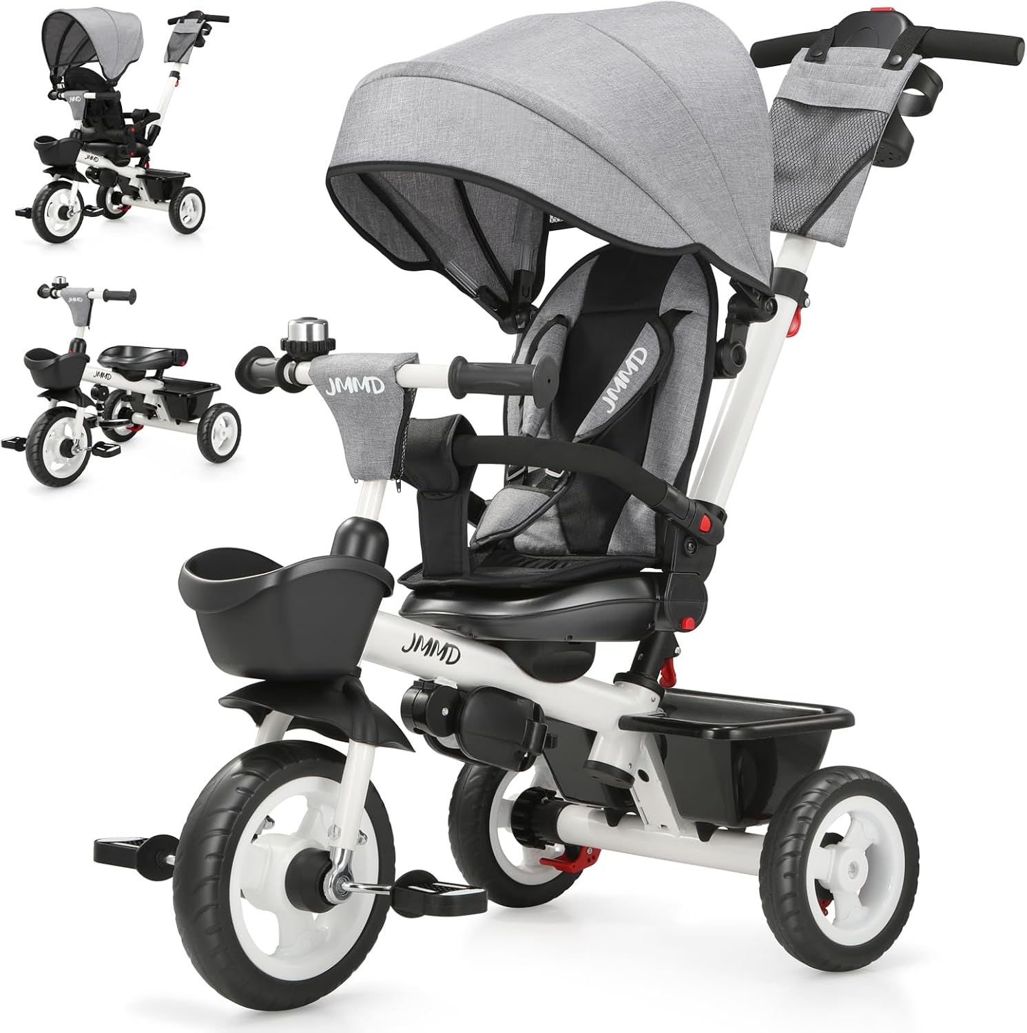 JMMD 7 in 1 Toddler Tricycle with Push Handle Baby Tricycle for 1-5 Age | 360° Swivel Seat, Rear-Facing Infant Seat, Reclining Backrest, All-Rerrain Wheels, Dual Brakes, UV Canopy, Storage Basket