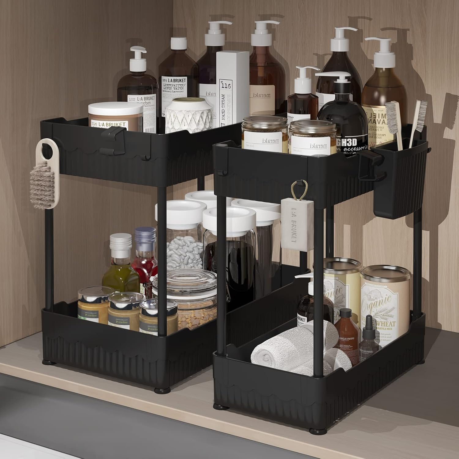 2 Pack Under Sink Organizer, Under Bathroom Cabinet Organizer with Hooks Hanging Cup, Multi-Purpose Storage Shelf for Kitchen Bathroom, Black