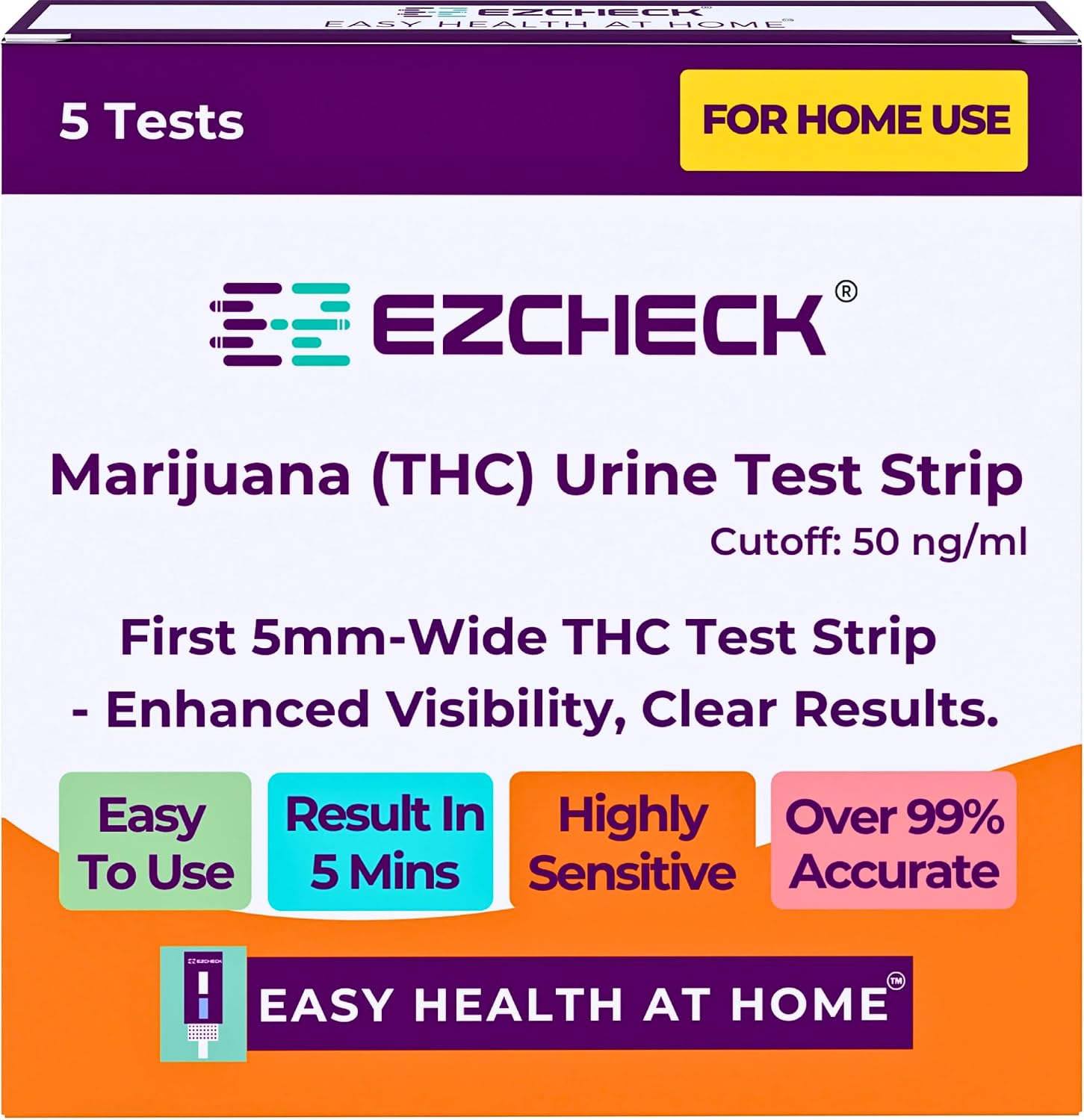 [5 Tests] EZCHECK® 5mm Ultra-Sensitive THC Urine Test Strip – Fast & Clear at-Home Marijuana Drug Test, 50 ng/ml Detection, Solid & Clear Result Lines, Quick 5-Min Result, FSA/HSA Eligible