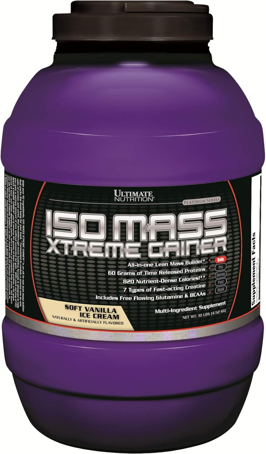 Ultimate Nutrition ISO Mass Xtreme Gainer, Weight Gainer Protein Powder with Creatine, 60 Grams of Protein, Whey Isolate Protein Powder for Lean Muscle Gain, 10 LBS with 30 Servings, Vanilla Ice Cream