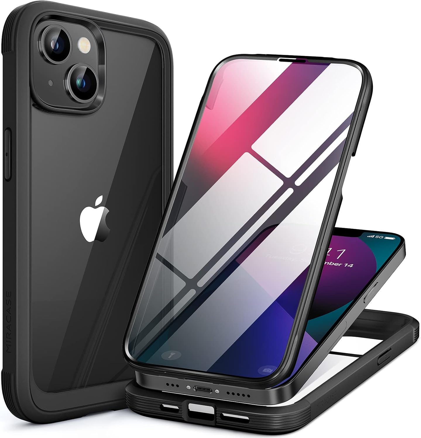 Miracase Compatible with iPhone 13 Case 6.1 inch, [Built-in Glass Screen Protector] Full Body Rubber Bumper Clear Back Case Cover (Black)