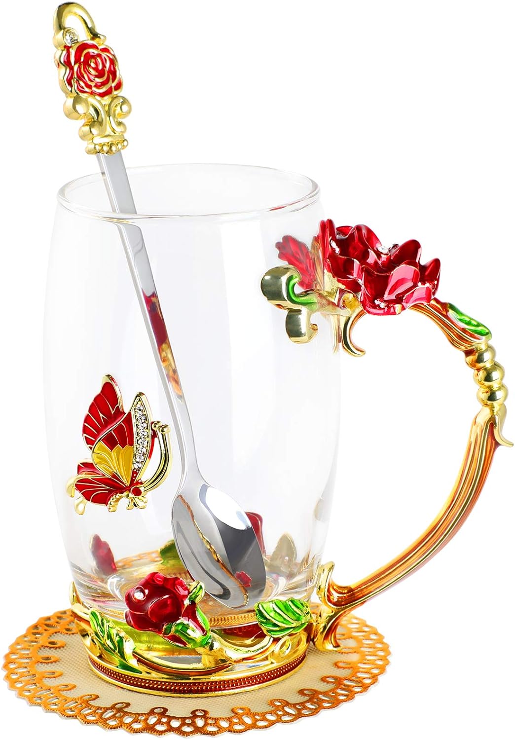 WD&CD Rose Butterfly Glass Tea Coffee Cups Mugs with Spoon and Coaster, Gifts for Her Girlfriend Wife Mum Women on Christmas Valentine's Day Mother's Day Anniversary, Red Tall