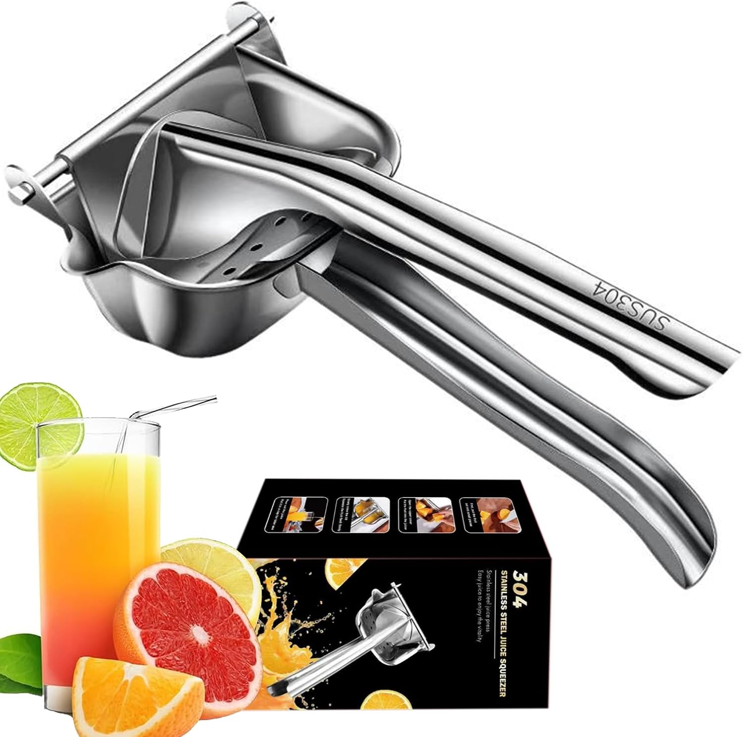 Manual Fruit Juicer, 304 Stainless Steel 18/8 Food Grade Stainless Steel Hand Press Squeezer with Ergonomic Grip, Silver, Polished Surface Treatment