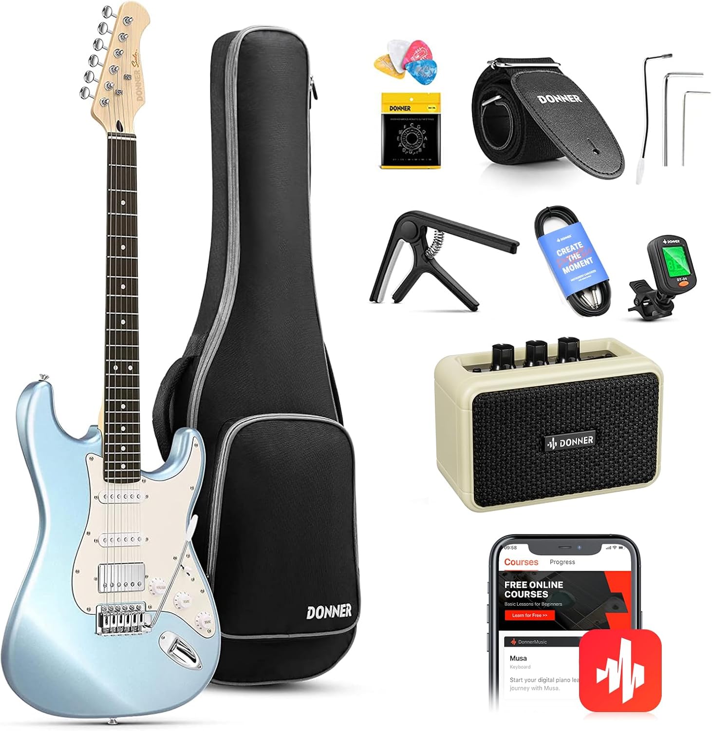 Donner DST-152R Electric Guitar Kit for Adults from Beginners to Advanced | HSS Pickup Coil Split, Full-size Solid Body with Amp, Complete Starter Accessories, Headphone Jack, Metallic Ice Blue