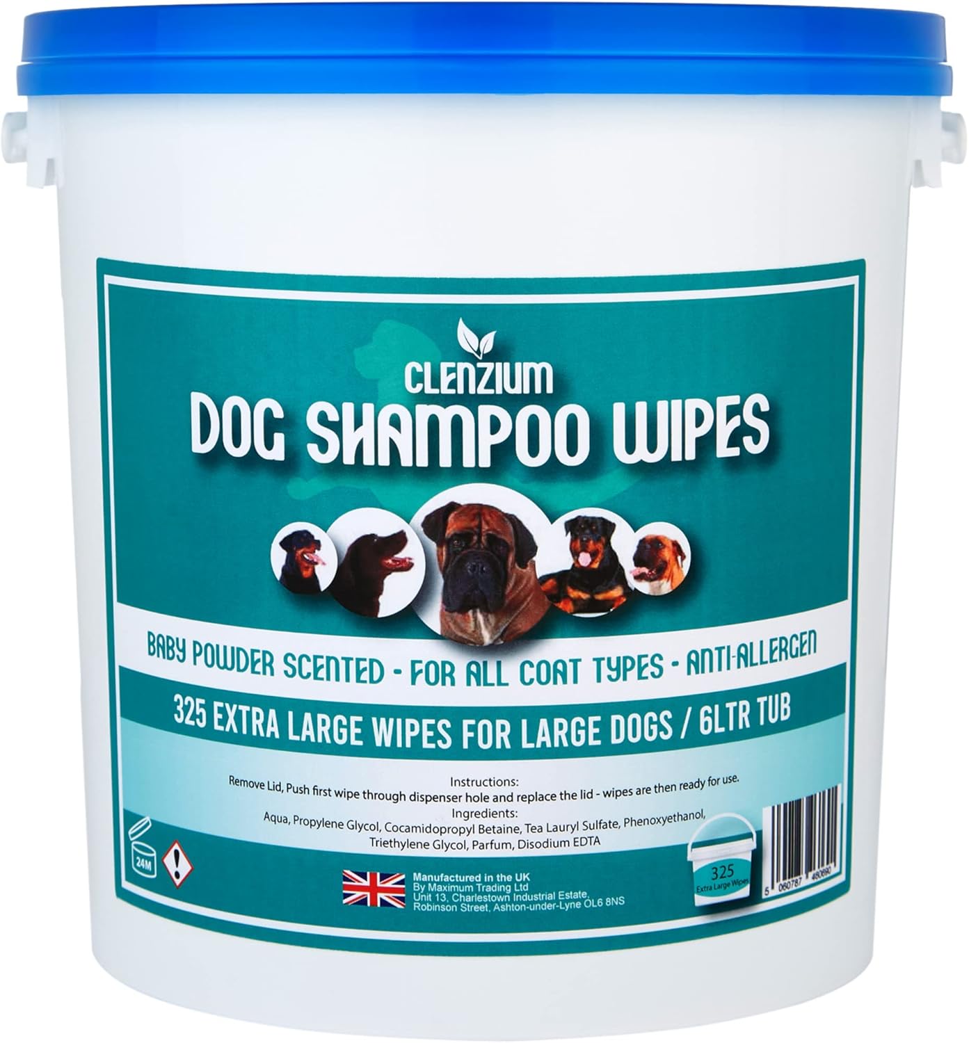 Clenzium Dog Grooming Wipes, Baby Powder Scented - 325 Anti Allergen Dog Grooming Wipes, For Large Dogs and All Coat Types. Professional Dog Grooming Wipes For Smelly Dogs And Puppies.