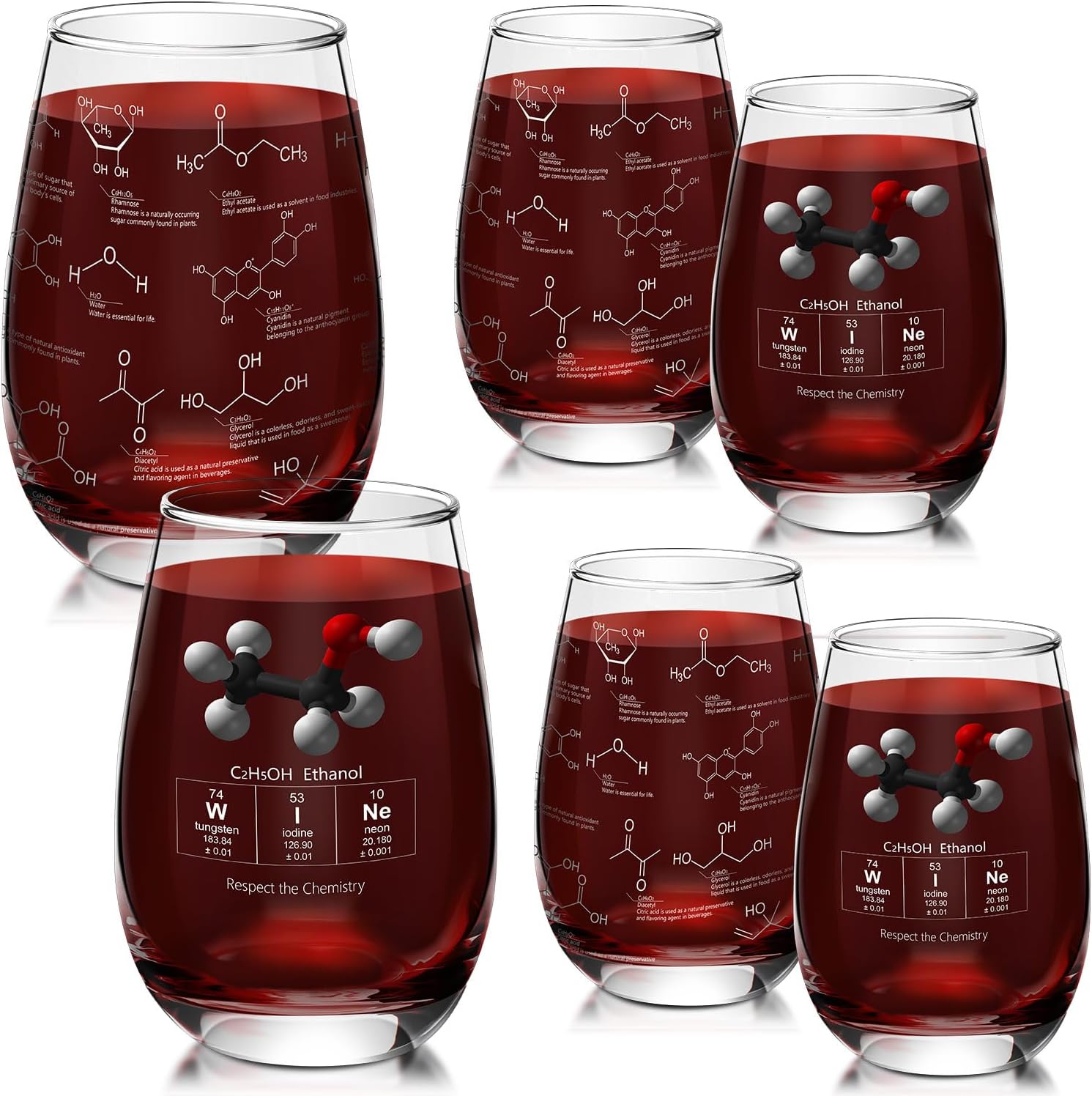 Yungyan 6 Pcs End of Class Chemistry Teacher Appreciation Gift Glasses Stemless Wine 15 oz Gifts Glassware Etched with Molecules Thick Wine Tumblers Chemistry Science Lovers Gifts