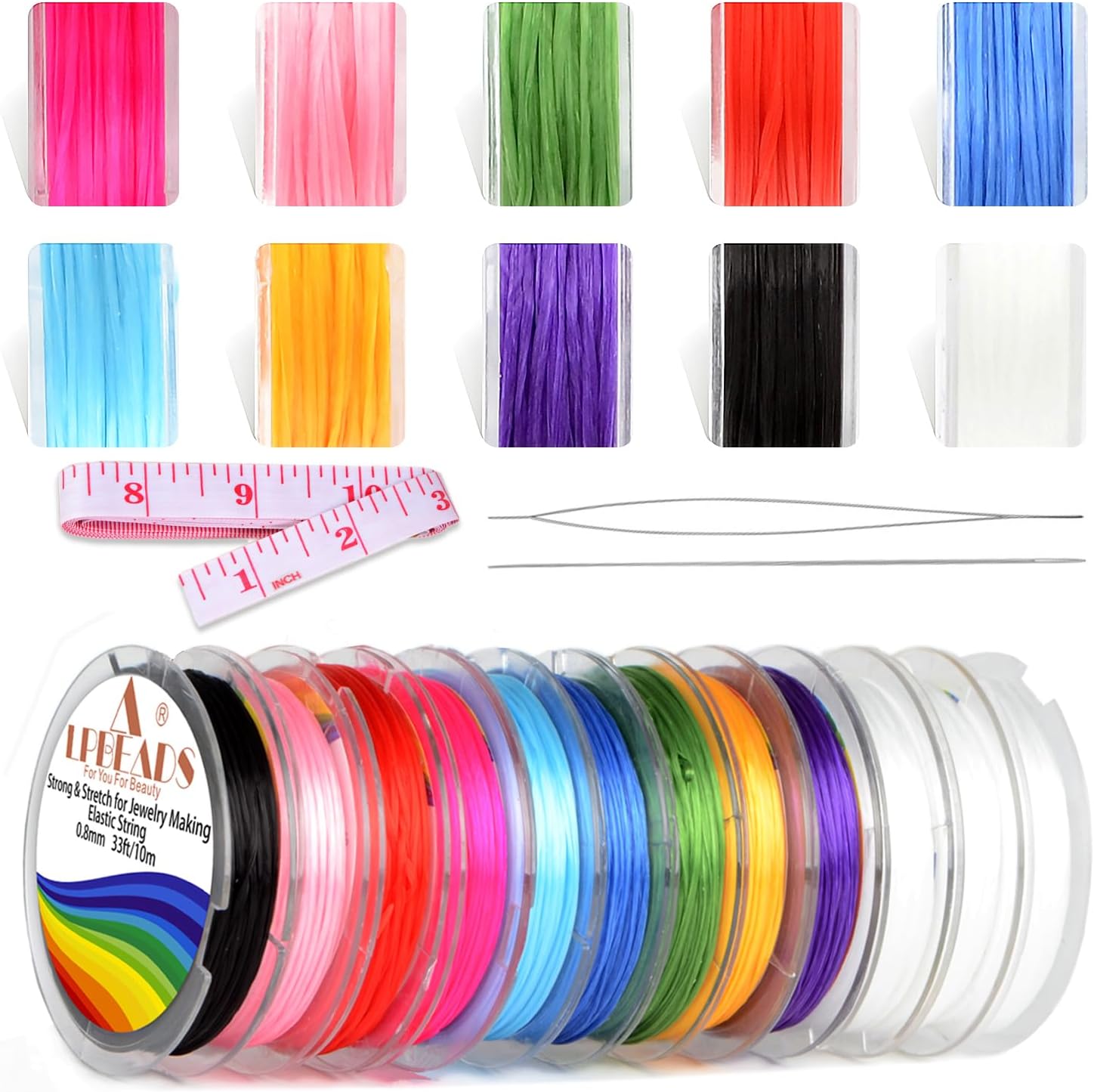 LPBeads 12 Rolls 0.8mm Elastic Stretchy String Cord for Bracelet Jewelry Making with Beading Needles and Ruler