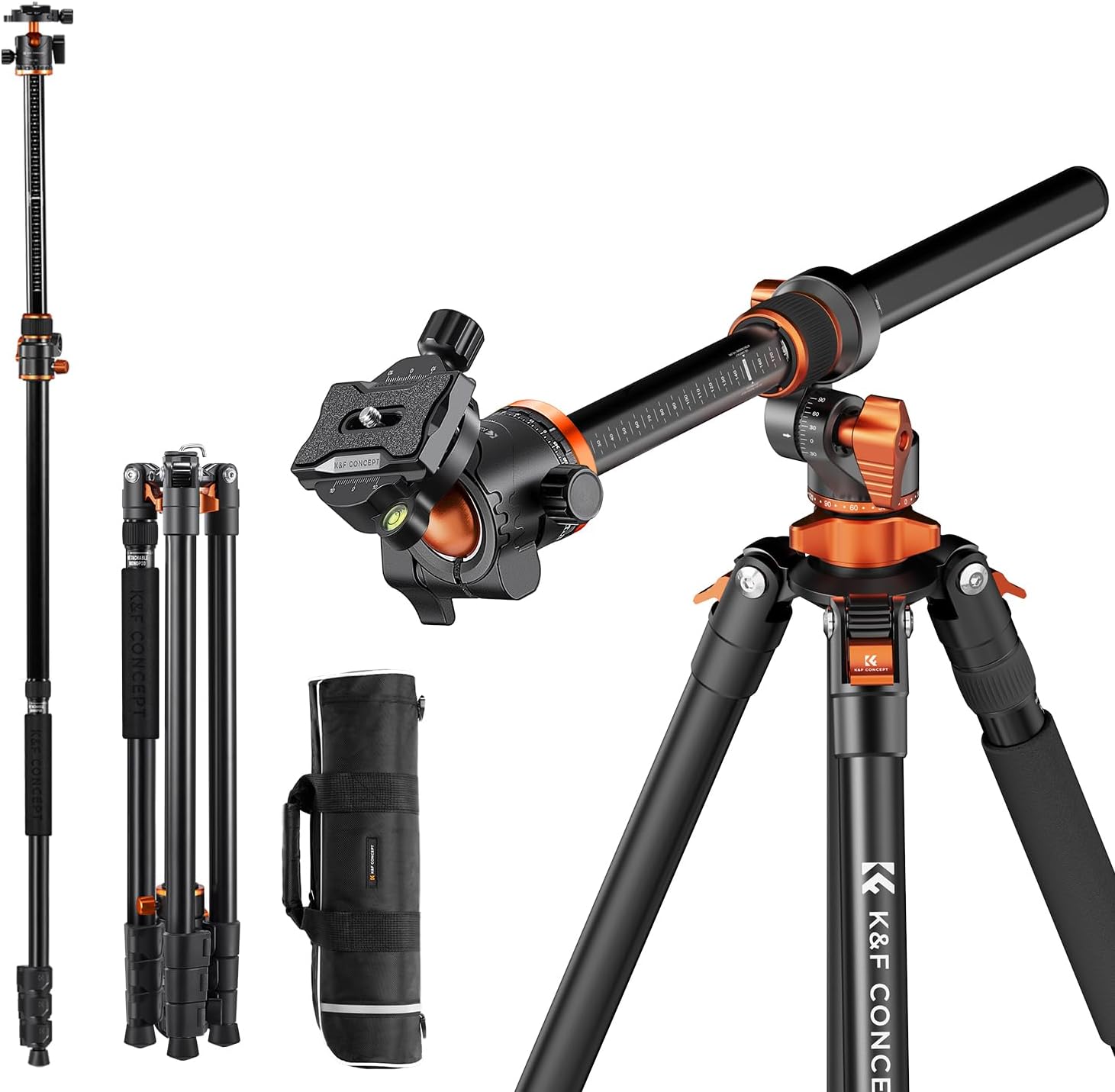 K&F Concept 90"/230cm Horizontal Tripod for Camera, 360° Rotatable and 120° Tilt Horizontal Arm Overhead Camera Tripod with Ball Head, Detachable Monopod, Arca Type QR Plate, 10KG Load Capacity