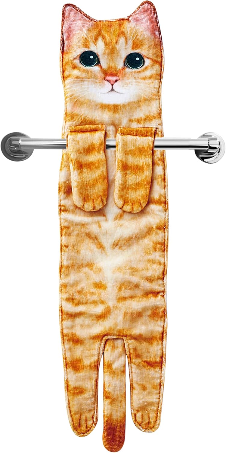 Cat Funny Hand Towels for Bathroom Kitchen- Cute Decorative Kitten Decor Hanging Face Towels- Unique Housewarming Valentines Mothers Birthday Gifts for Women Mom Cat Lovers
