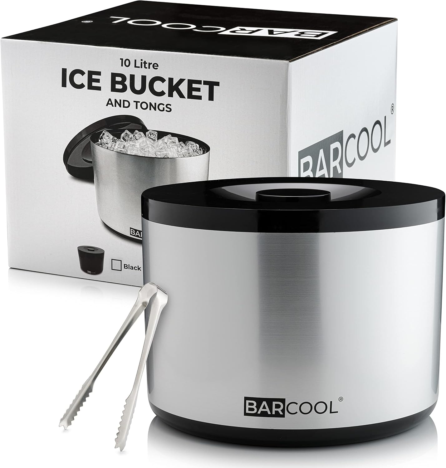 Barcool Ice Bucket with Lid and Tongs, 10L Double Walled Insulated, Silver