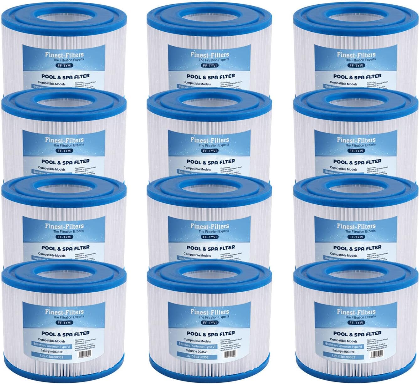 Finest-Filters Hot Tub Spa Water Filter Cartridges Compatible For Lay-Z-Spa, SaluSpa 90352E, Intex Type VI, Bestway (12 Pack of Replacement Hot Tub Water Filter Cartridges)