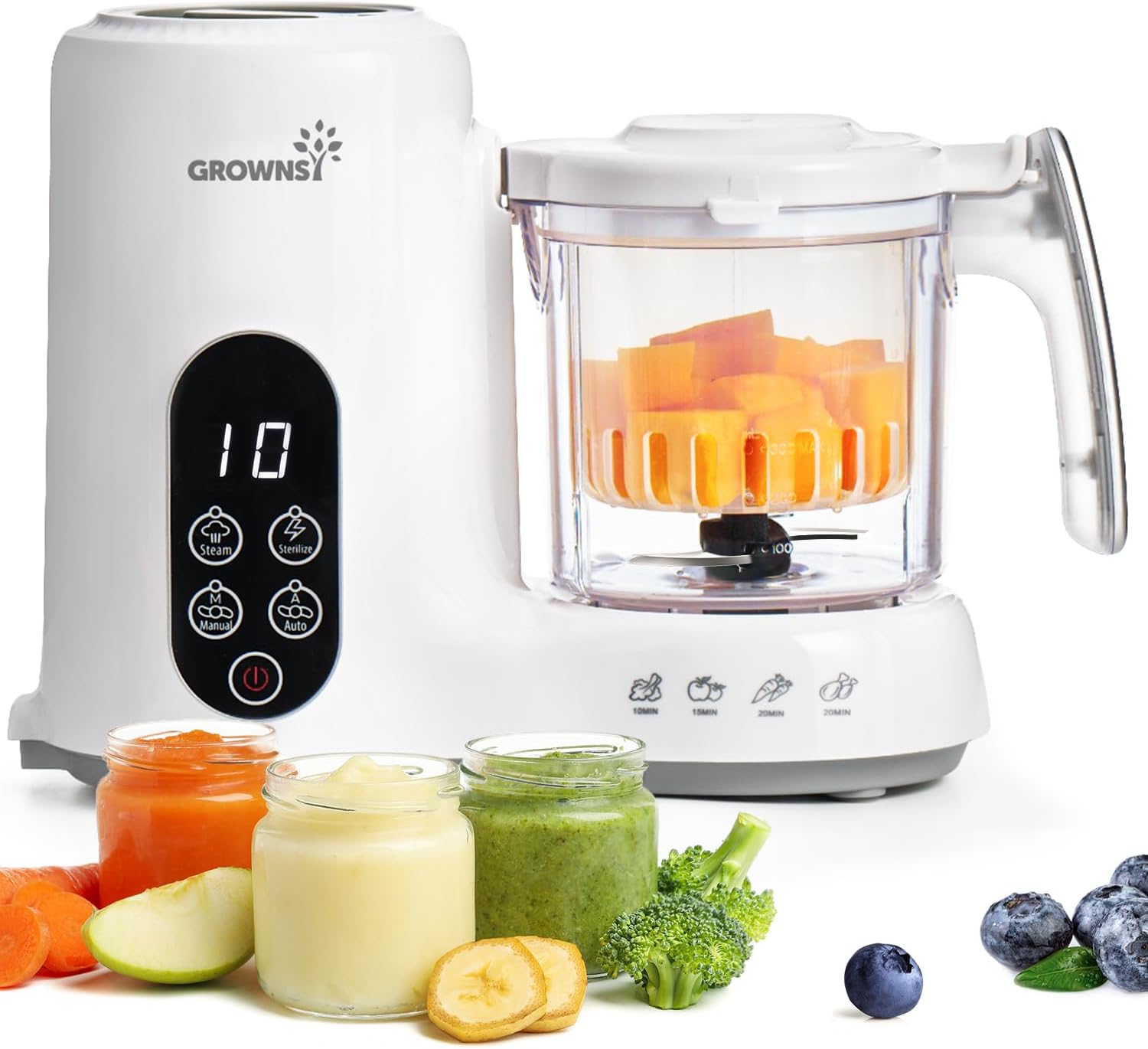 Grownsy Baby Food Maker with Steam Basket, One Step Baby Food Processor Steamer Puree Blender Grinder Mills Machine, Auto Cooking Grinding and Sterili-zing for Healthy Homemade Food, BPA-Free
