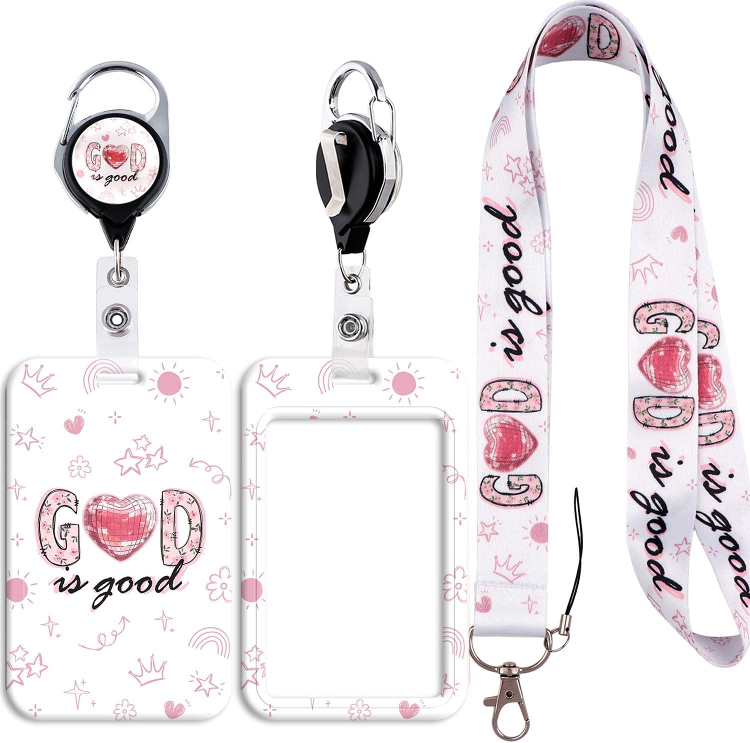 God is Good ' Lanyard ID Badge Card Holder with Retractable Badge Reel Carabiner Clip Neck Strap Key Lanyard Plastic Case Name Pass Sliding Badge Holder