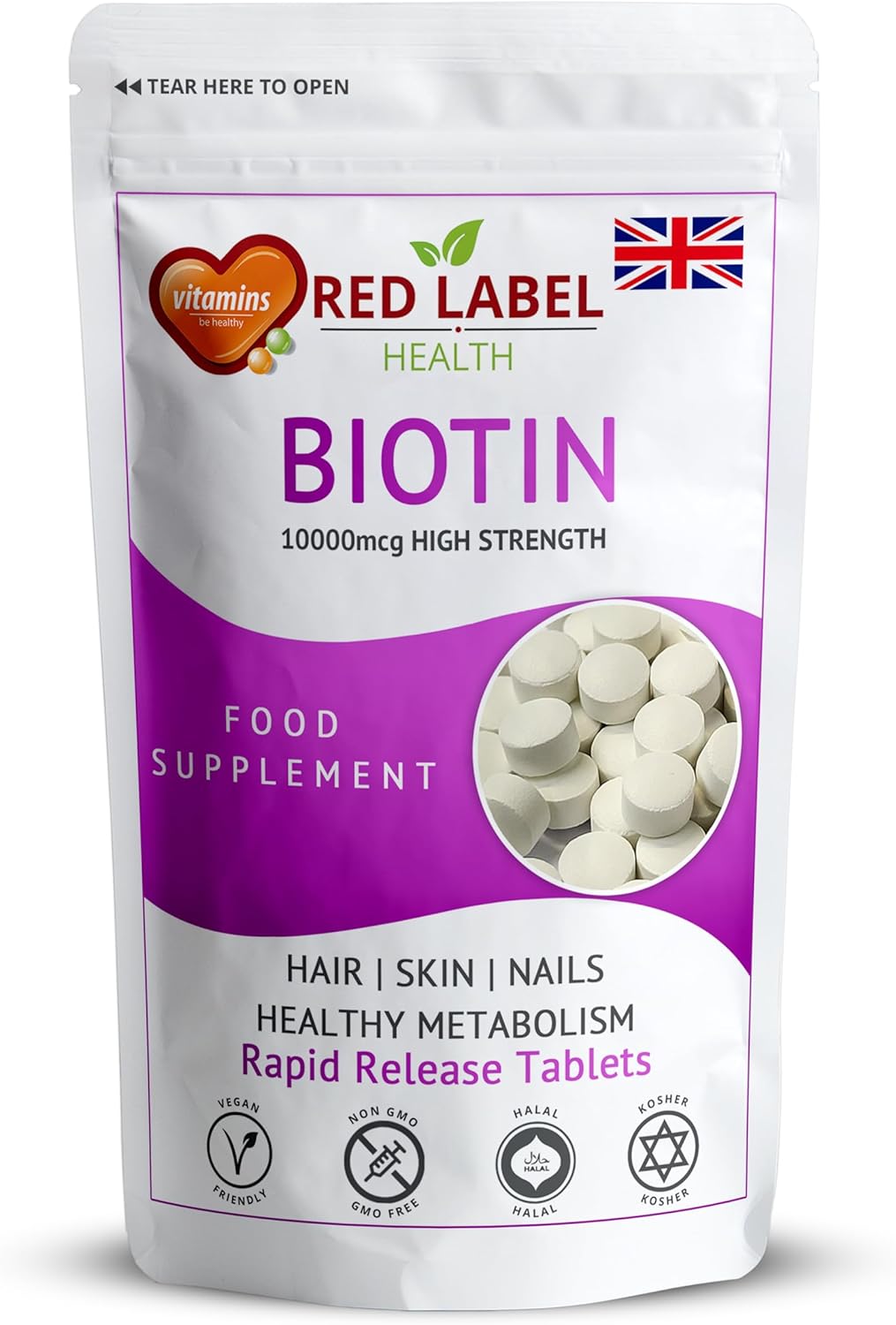 Biotin 10000mcg Tablets, Hair Growth Supplement for Women & Men, 200 Tablets (6+ Months Supply), Hair, Skin, Nails Vitamins, D-Biotin Vegan, Vegetarian, Made in The UK
