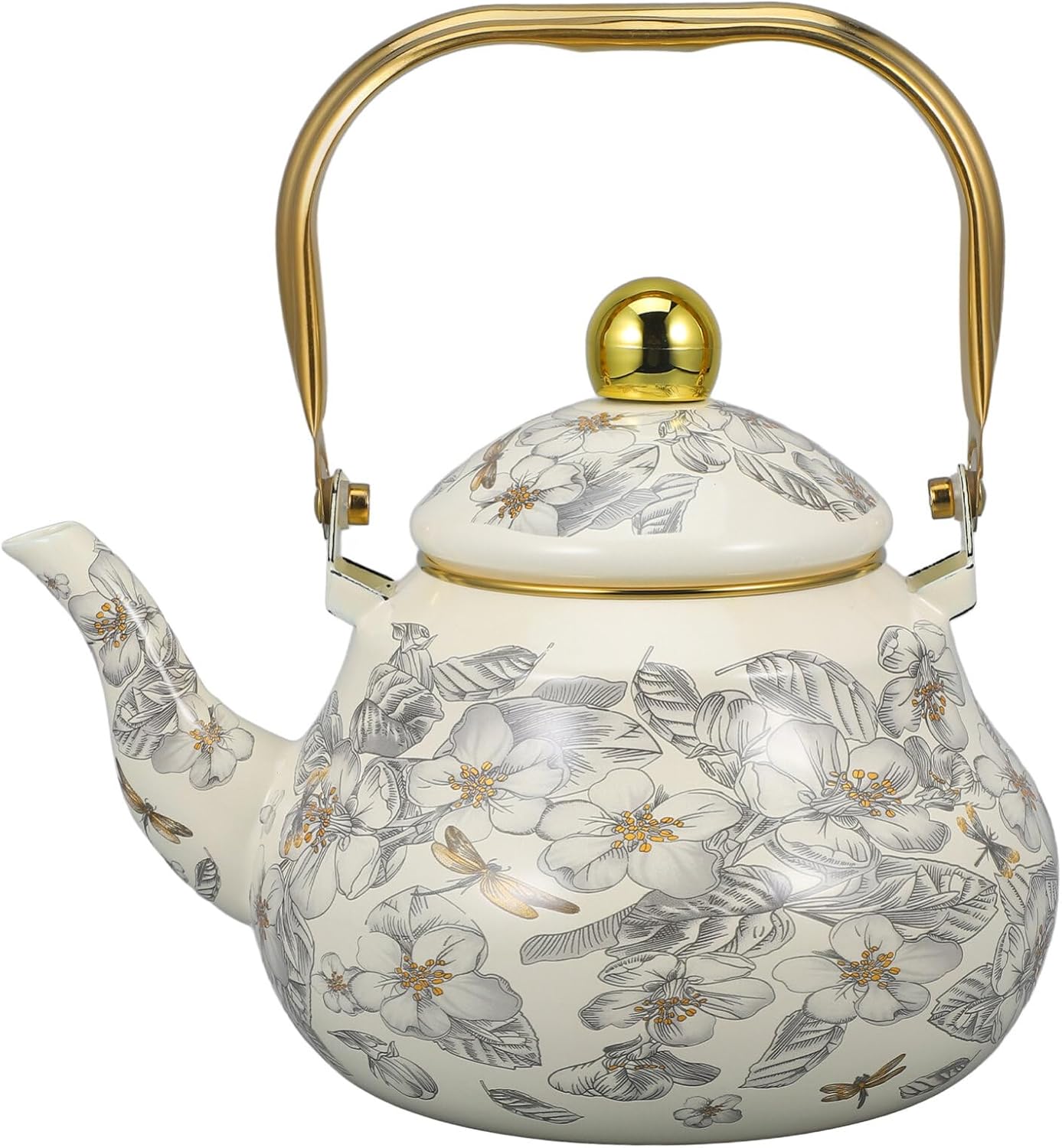 Cabilock Vintage Enamel Tea Kettle, Floral Enamel on Steel Teapot 2L Stovetop Ceramic Teakettle Retro Classic Water Boiler with Cool Handle for Home Kitchen Decor Present